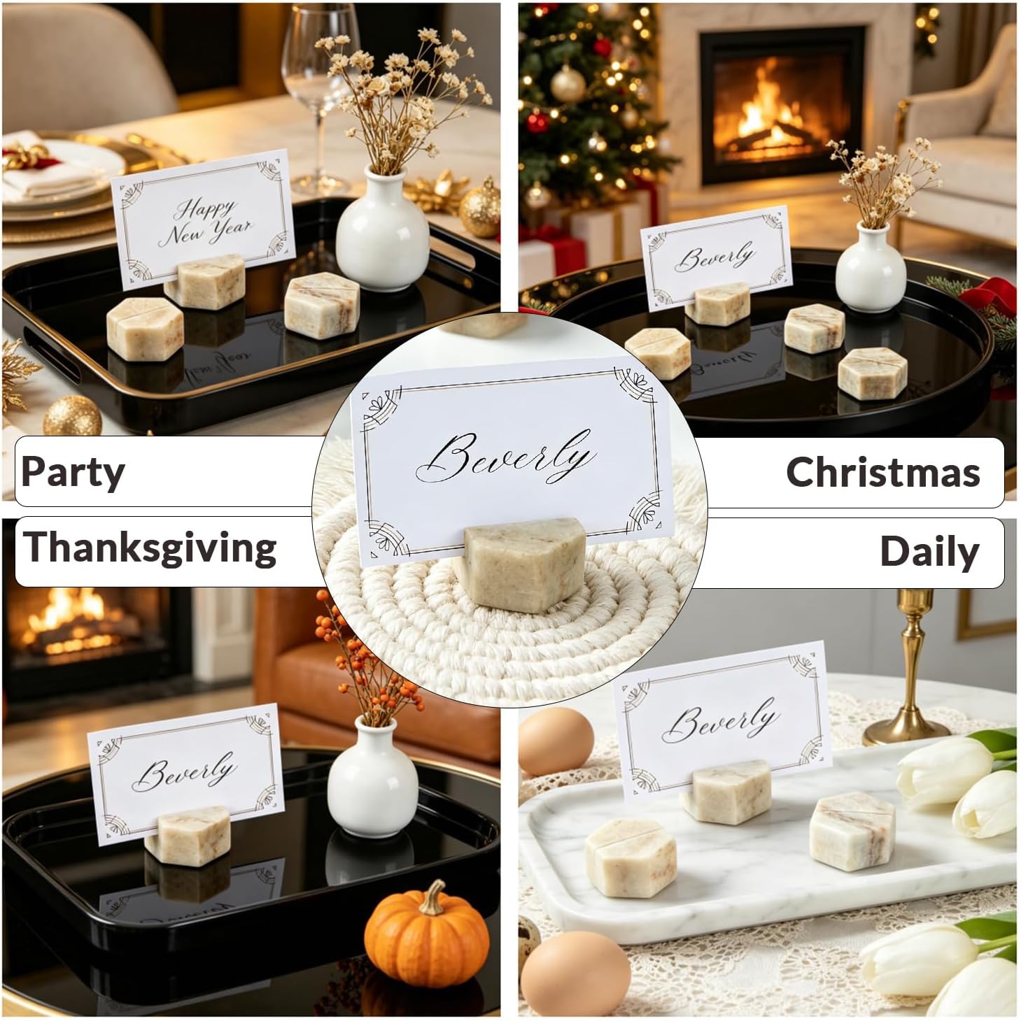 Marble Hexagon Place Card Holders, Exquisite Marble Photo Display Stands, 4 Piece Handmade Creative Card Stands, Multi-Use Place Sign Holders for Event Decor,Dinner Party and Wedding