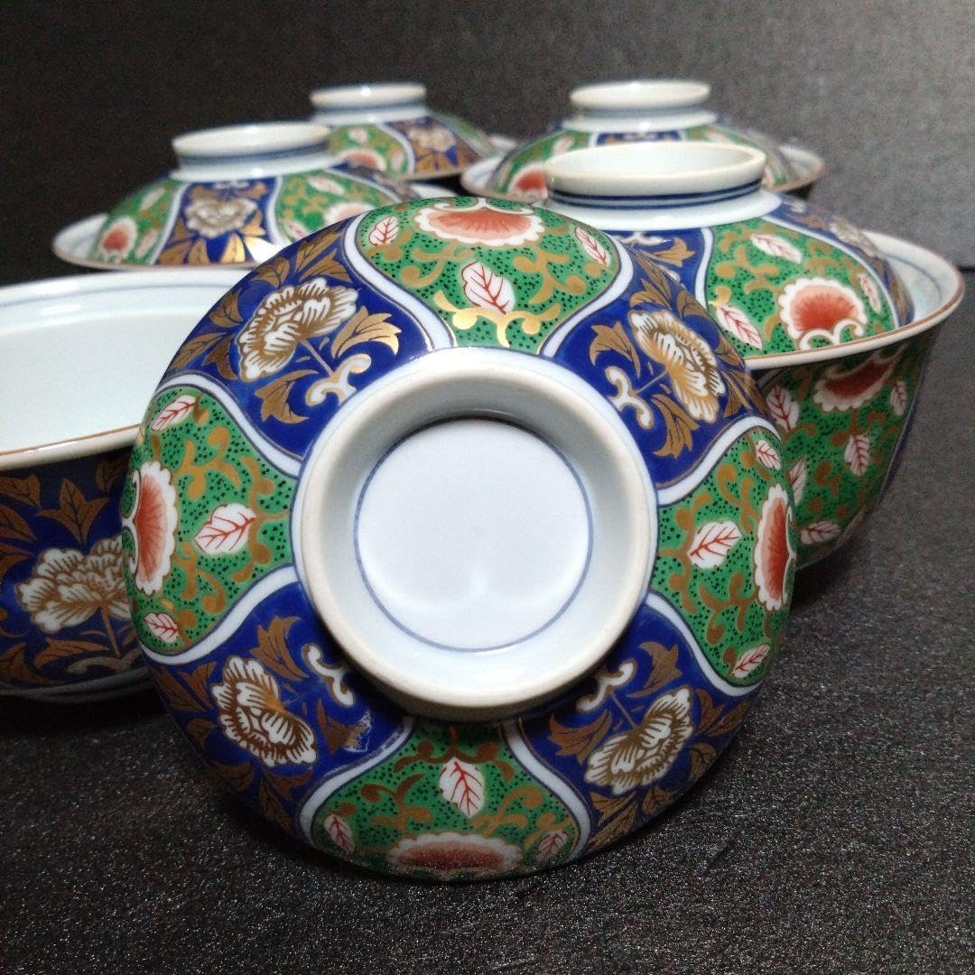 未使用 美濃焼 庫山窯 間取り金彩牡丹 蓋付 小丼5個 煮物碗 蒸し碗　お祝い 美濃焼 庫山窯 間取り金彩牡丹 蓋付 小丼5個 煮物碗 蒸し碗 お正月