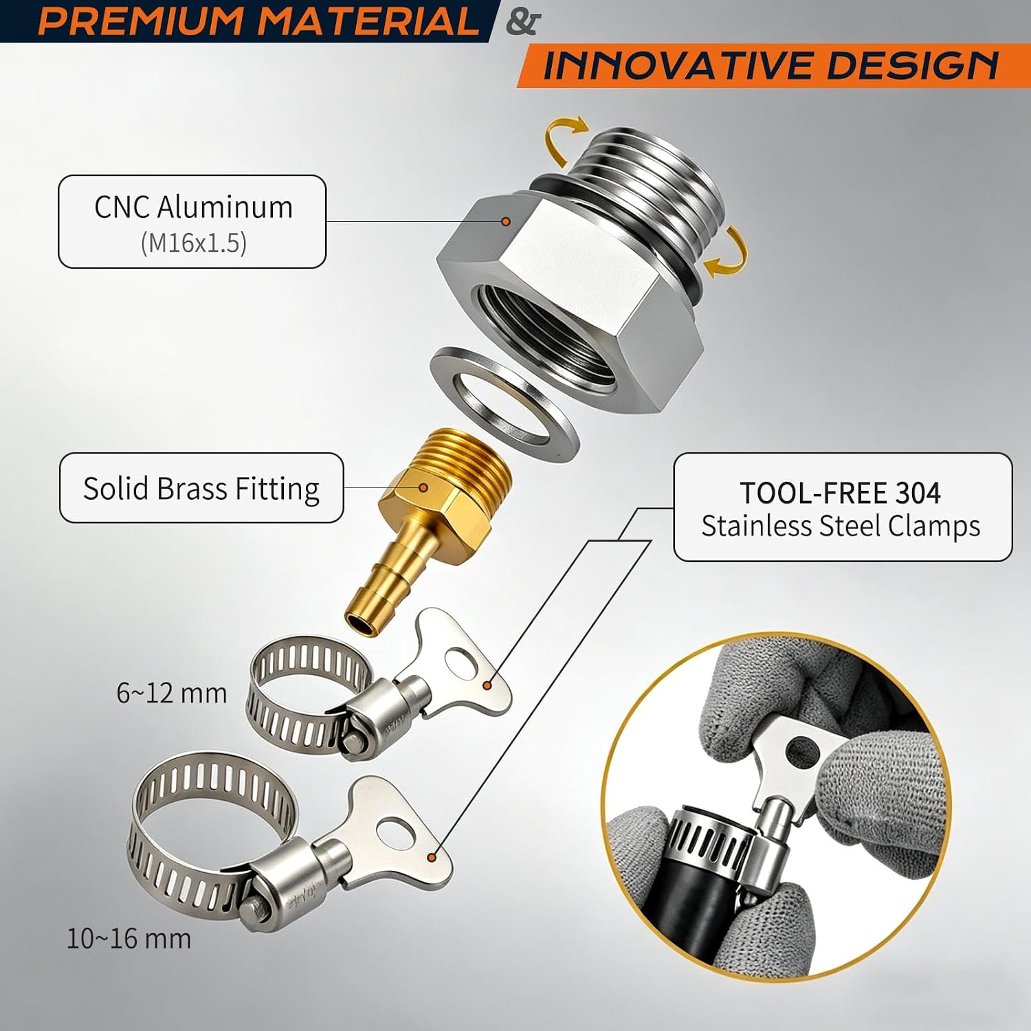 Oil Pump Primer Tool & LS Oil Pressure Adapter Kit,CNC Aluminum M16x1.5 Engine Pre-Lube Fitting with Brass Barb & Dual Hose Clamps,Compatible with Chevy GM LS1 LS2 LS3 LSX 5.3 6.0 6.2