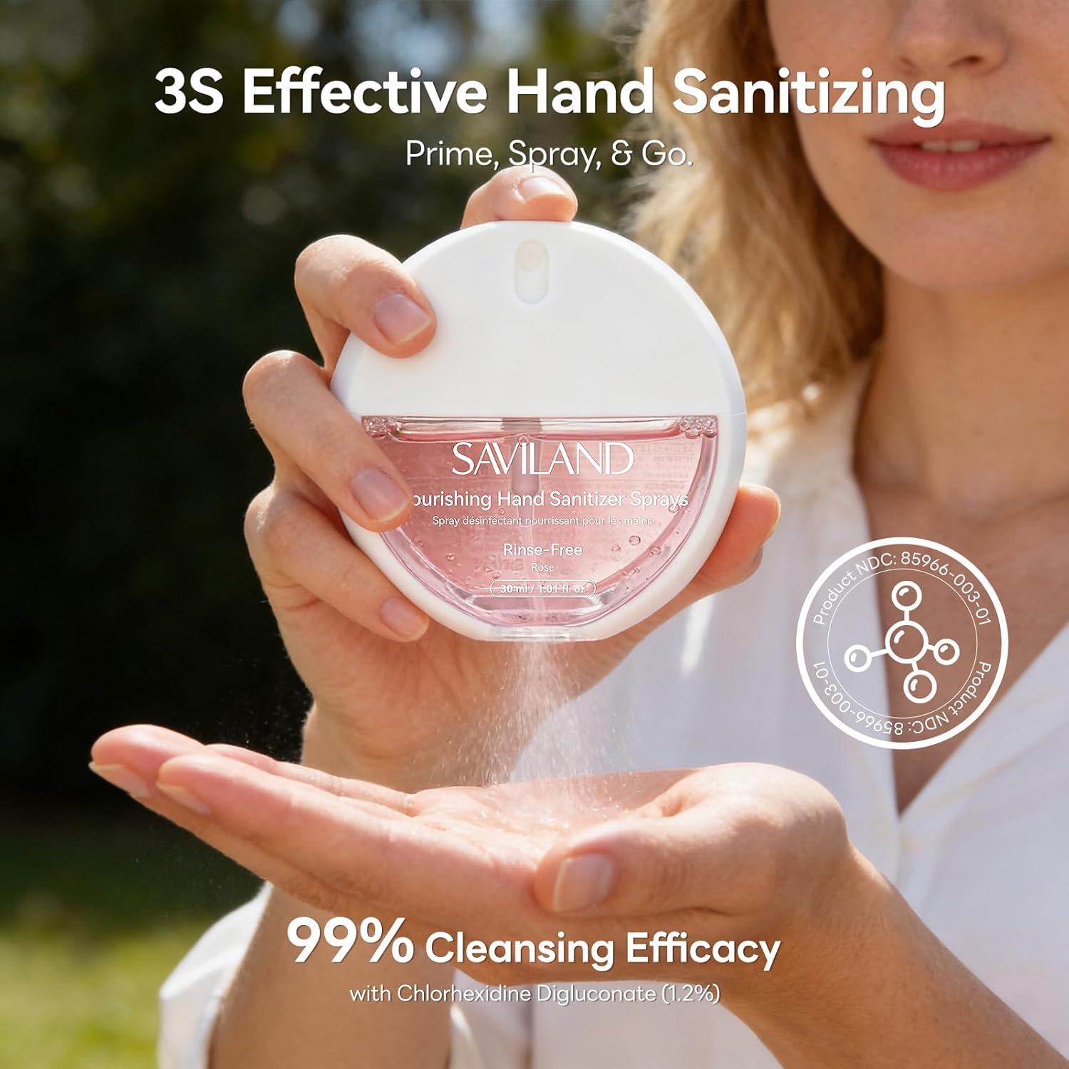 SAVILAND Deep-Hydrating Hand Sanitizer Spray: Serum-Infused Pocket Sprayer with Aloe & Castor Oil | DYE -FREE Set (Natural Rose, Lavender, Jasmine) & Travel Size Power Mist Rinse-Free 1 FL. OZ. Each - Image 3