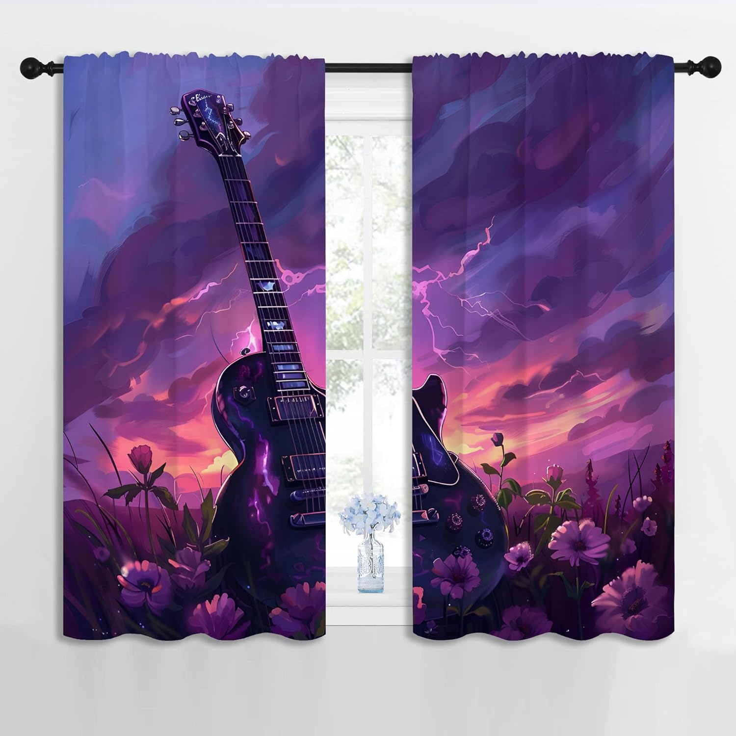 Music Rock Instruments Blackout Curtains for Boys Girl Bedroom Decor,Purple Floral Guitar Thermal Insulated Rod Pocket Drapes Darkening Window Curtain for Living Room Home 42x45 inch