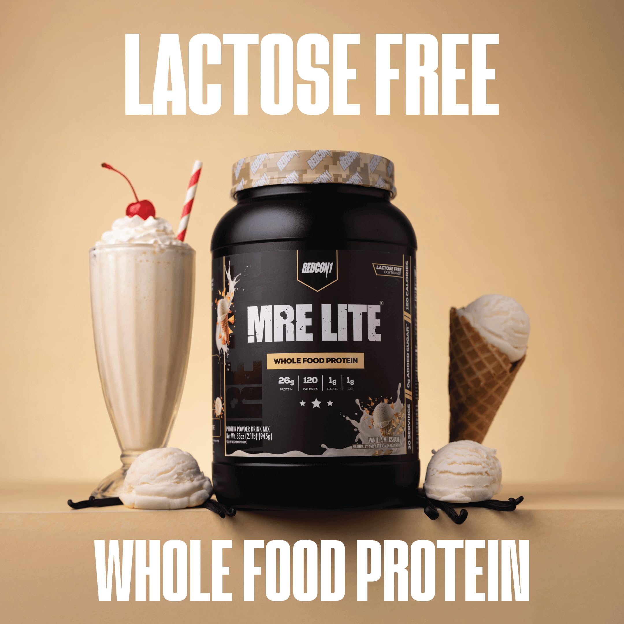 REDCON1 MRE LITE Whole Food Protein Powder, Vanilla Milkshake - Lactose Free & Sugar Free Meal Replacement with Animal Protein Blends - Easy to Digest Formula - Only 1g Carb per Serving (30 Servings) — Amazon image 3