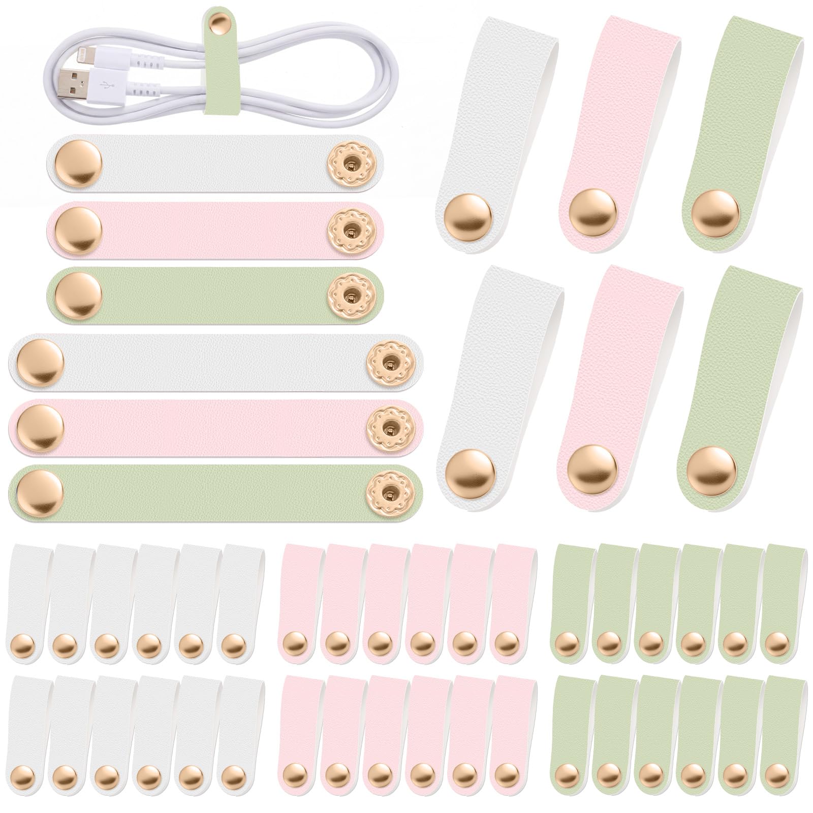 Organizador de cables de piel sintética Weewooday con 52 piezas en verde rosa y blanco