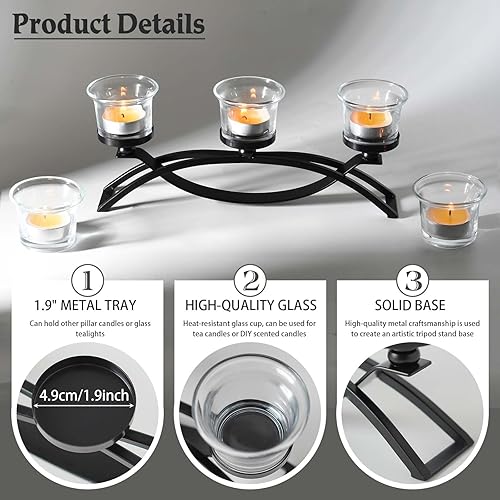 Miniatura 3 de Juego de portavelas de metal de 3 brazos con 5 vasos de vidrio, candelabros votivos para decoración de mesa de boda, reuniones en el hogar y