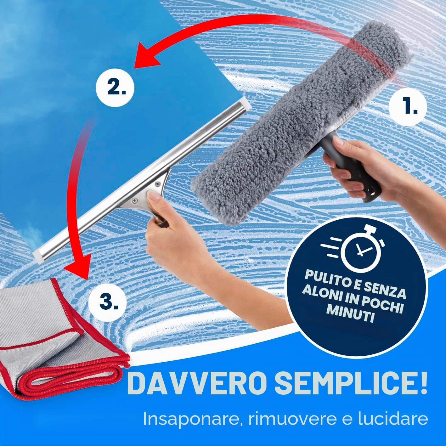 CLEANmaxx Detergente per vetri, set da 7 pezzi | Pulizia dei vetri senza aloni | Set completo con detergente, spatola per vetri, secchio, spatola, panno in microfibra | Ideale per casa, auto e doccia