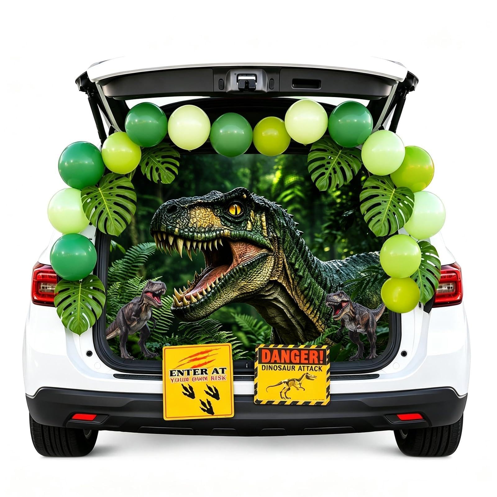 Dinosaur Trunk or Treat Car Decorations Kit, T-Rex Halloween Decor with Dino Backdrop & Cutouts15 Balloons Warning Signs Leaves, Halloween Car Decorations for Trunk or Treat Church School Party -30Pcs