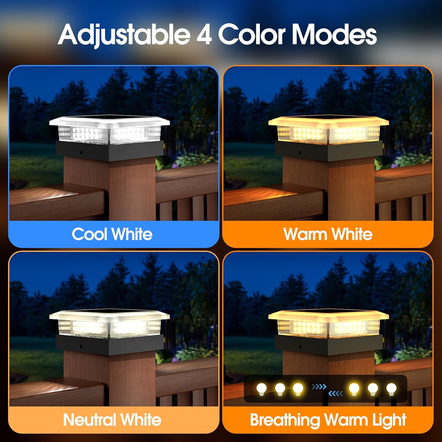 4x4 Post Solar Lights 12 Pack, 4 Lighting Modes Solar Post Cap Lights for 4x4 3.5x3.5 Wood/Vinyl Posts, Ip67 Waterproof 96 LED Fence Deck Post Lights Solar Powered for Patio Porch, Black