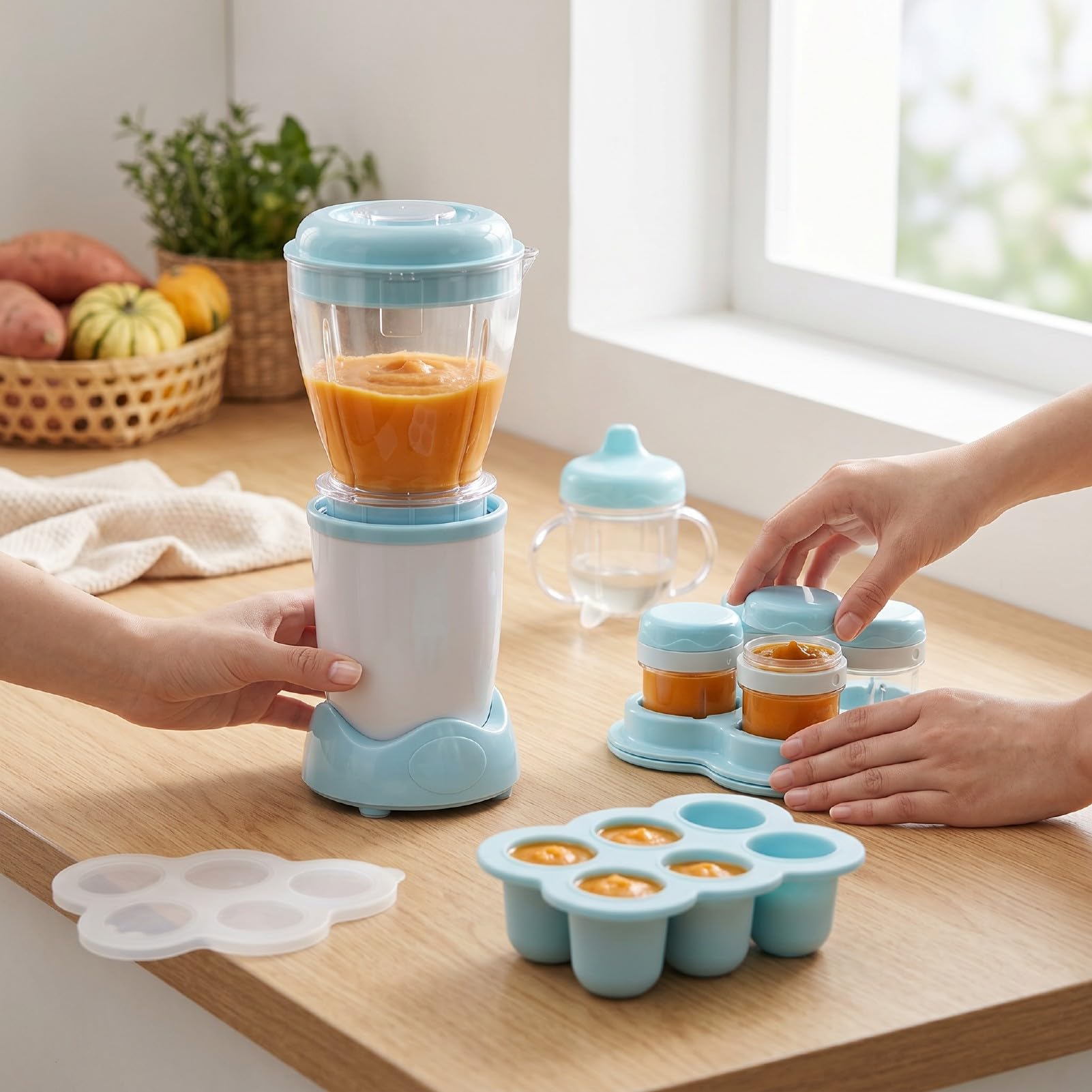 banapoy Fabricante Alimentos Bebés, 200W Completo Procesamiento con Recipiente Alimentos para Bebés 6 Rejillas, Varilla para Agitar, para Frutas, Verduras, Carnes, Licuadora de puré (Enchufe de la
