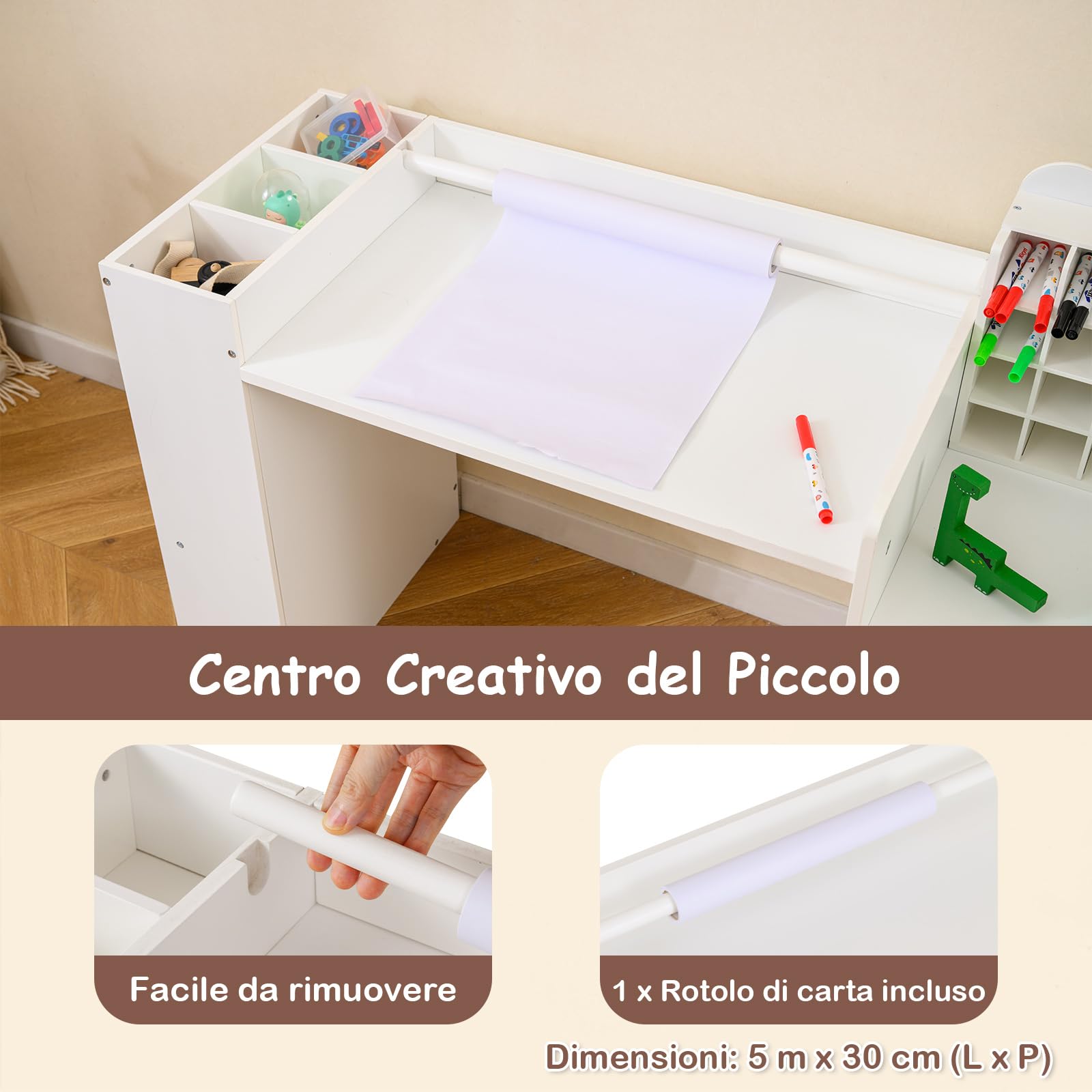 RELAX4LIFE Scrivania per Bambini, Set Tavolo e Sedia con Spazi per Riporre e Rotolo di Carta da Disegno Rimovibile, per Lettura e Disegno, Tavolo d'Arte per Soggiorno, Camera dei Bambini, Max 75KG