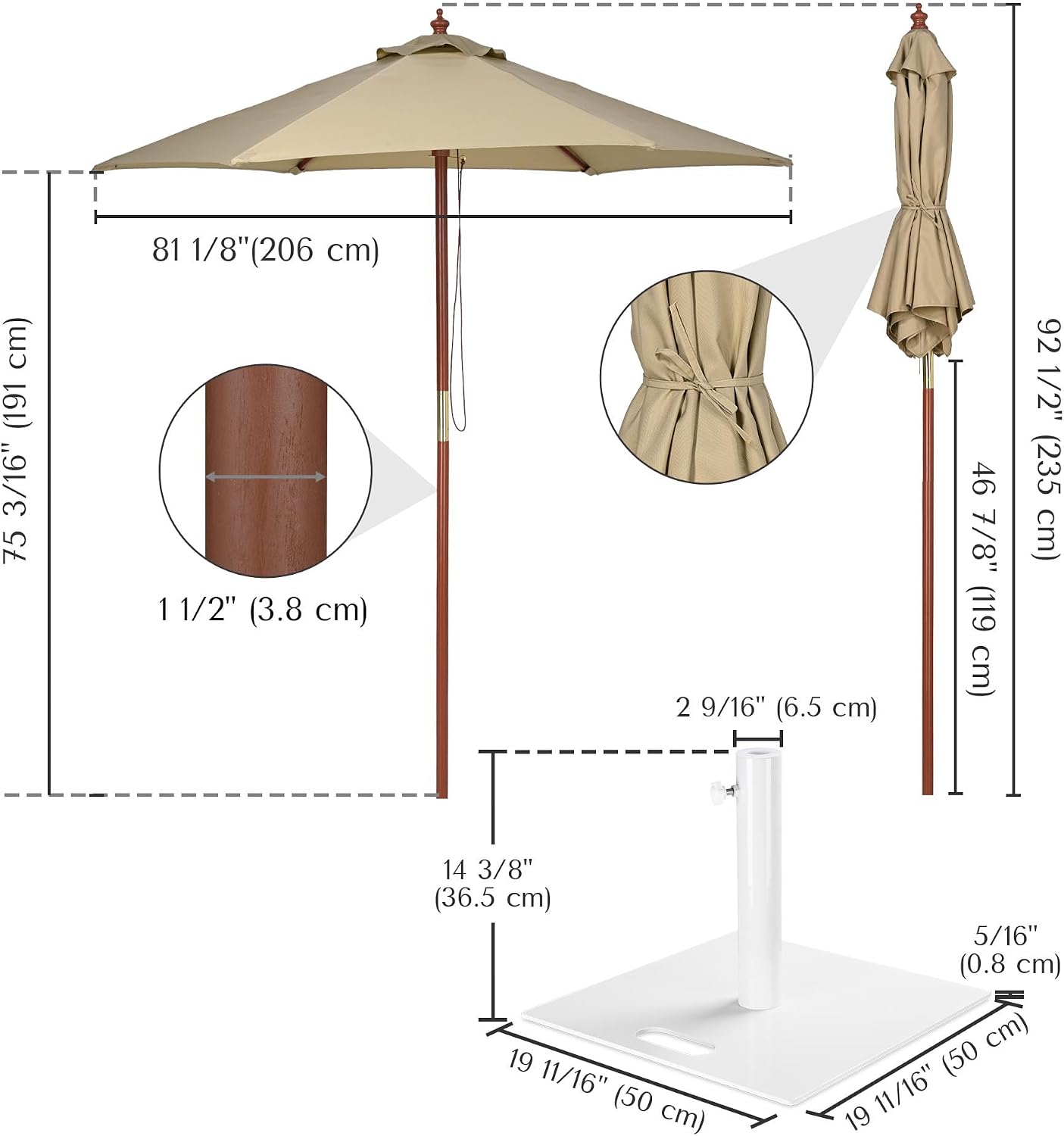 Yescom Compact 7ft Coastal Solid Wood Market Umbrella Windproof Weather-resistant Commercial Retro Stand Included for Sidewalk Cafe Restaurant Space-Saving