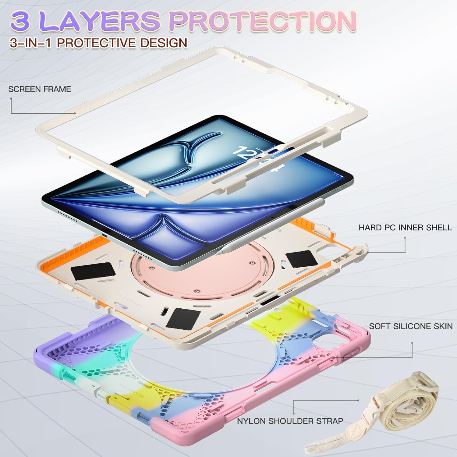 MEEgoodo Case for iPad Air 13 inch 2025 (M3) /2024 (M2) & iPad Pro 12.9 Case 6th/5th/4th/3rd Generation 2022 2021 2020 2018,Tablet Cover with Pencil Holder/Rotating Stand/Shoulder Strap,Colourful Pink | 2025 (M3), 2024 (M2), 2022 2021 2020 2018, Pencil Holder, Rotating Stand - Image 4