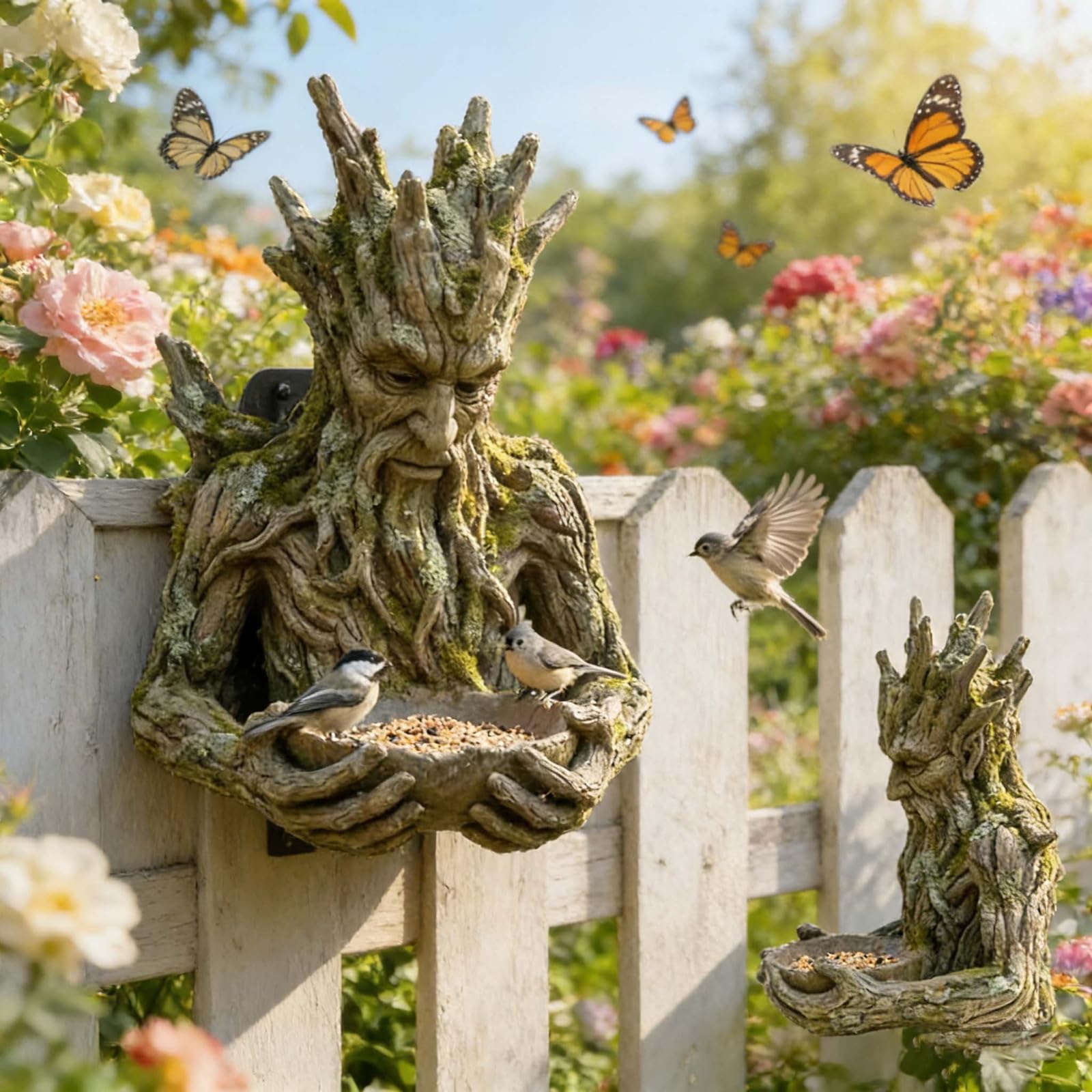 Scultura mangiatoia per uccelli, design in resina integrata con albero, decorazione da giardino, scultura millenaria per cortile e patio