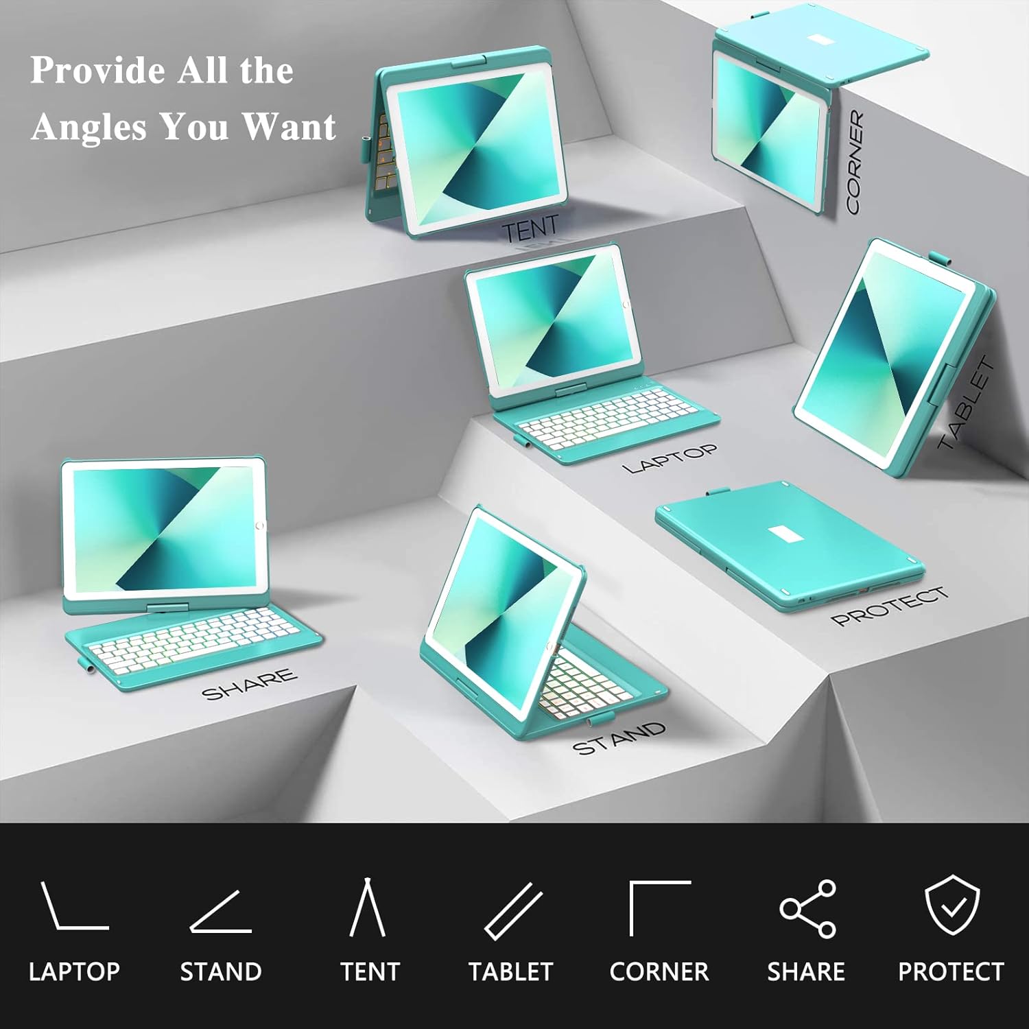 MMK Keyboard Case for iPad 10.2 inch 9th Gen 2021,iPad 8th Generation 2020,iPad 7th Generation 2019,7 Color Backlit 360 Rotatable Wireless Detachable Bluetooth Keyboard Cover Tablet Case - Image 6