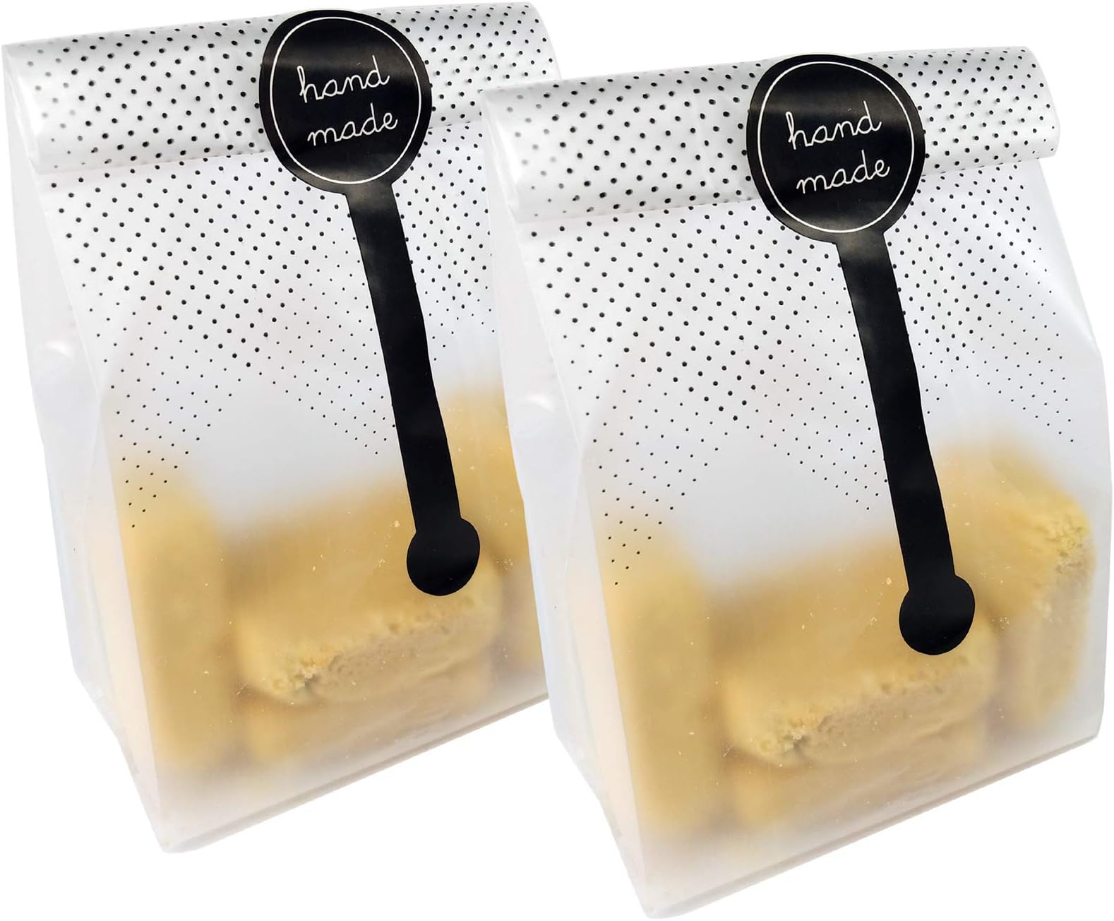 Prudance 100 PCS Translucent Plastic Cookie Bags with 100 PCS Hang Made Stickers for Cookies, Cake, Toast, Bread, Chocolate, Candy, Bakery, Snack, Gift Bags for Birthday Party, Wedding, Bakery Party