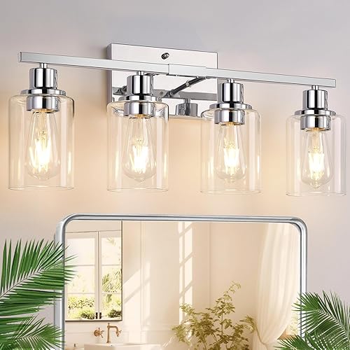 Miniatura 18 de Lámparas de baño de 4 luces, luces de tocador de níquel cepillado con pantallas de vidrio transparente, moderna lámpara de pared de baño para