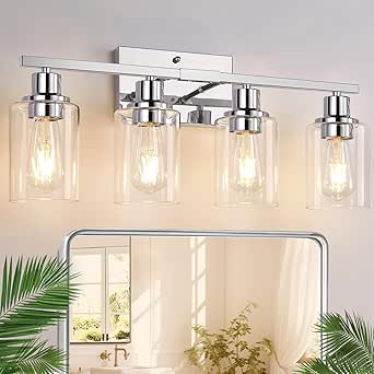 Indoi 4 Light Bathroom Light Fixtures, Chrome Vanity Lights with Clear Glass Shades, Modern ...