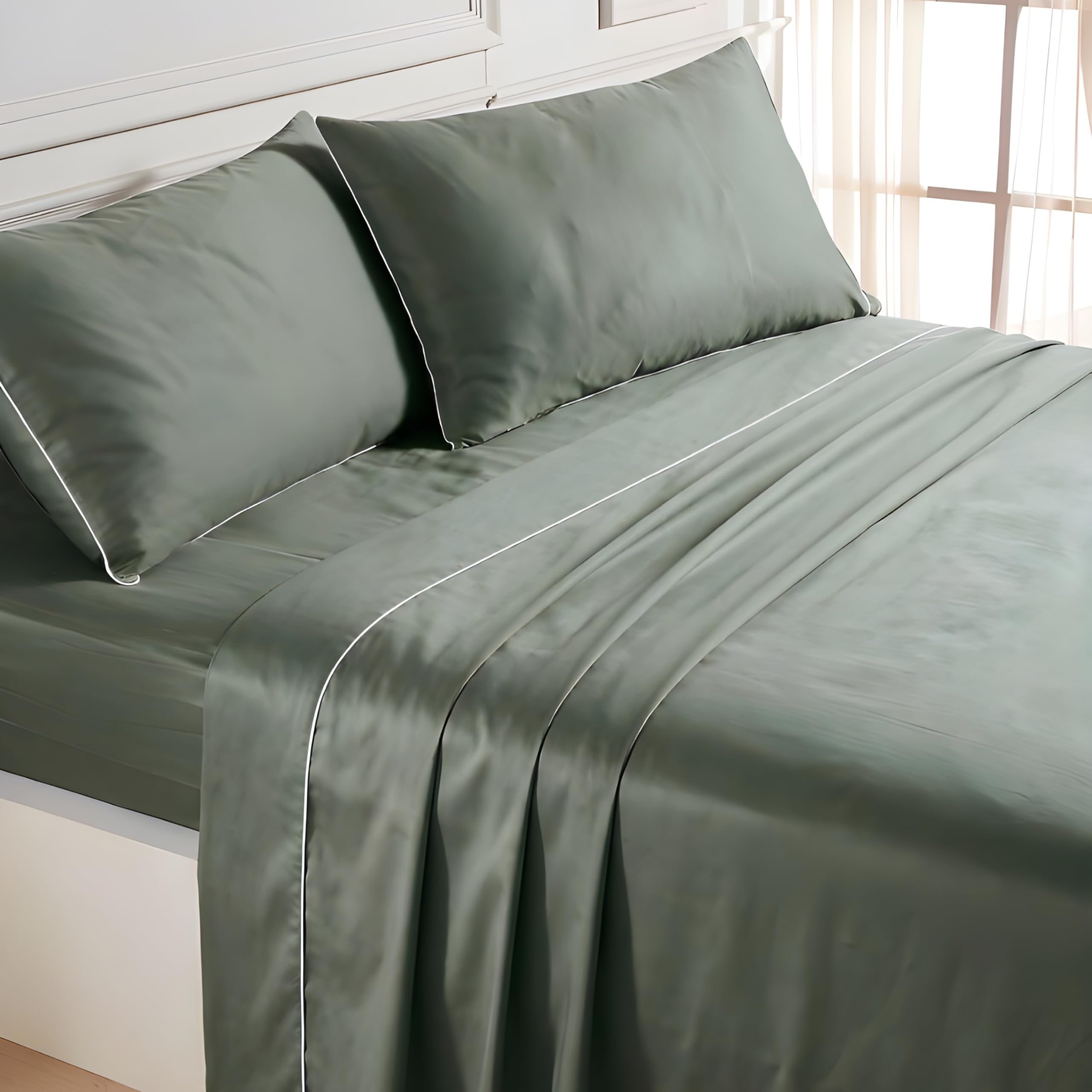 Mahome Juego de sábanas para cama de matrimonio de satén de algodón 100% de 300 hilos (TC) artesanal de lujo – Sábana bajera ajustable 180 x 200 x 30 cm, sábana encimera 250 x 290 cm, 2 fundas de