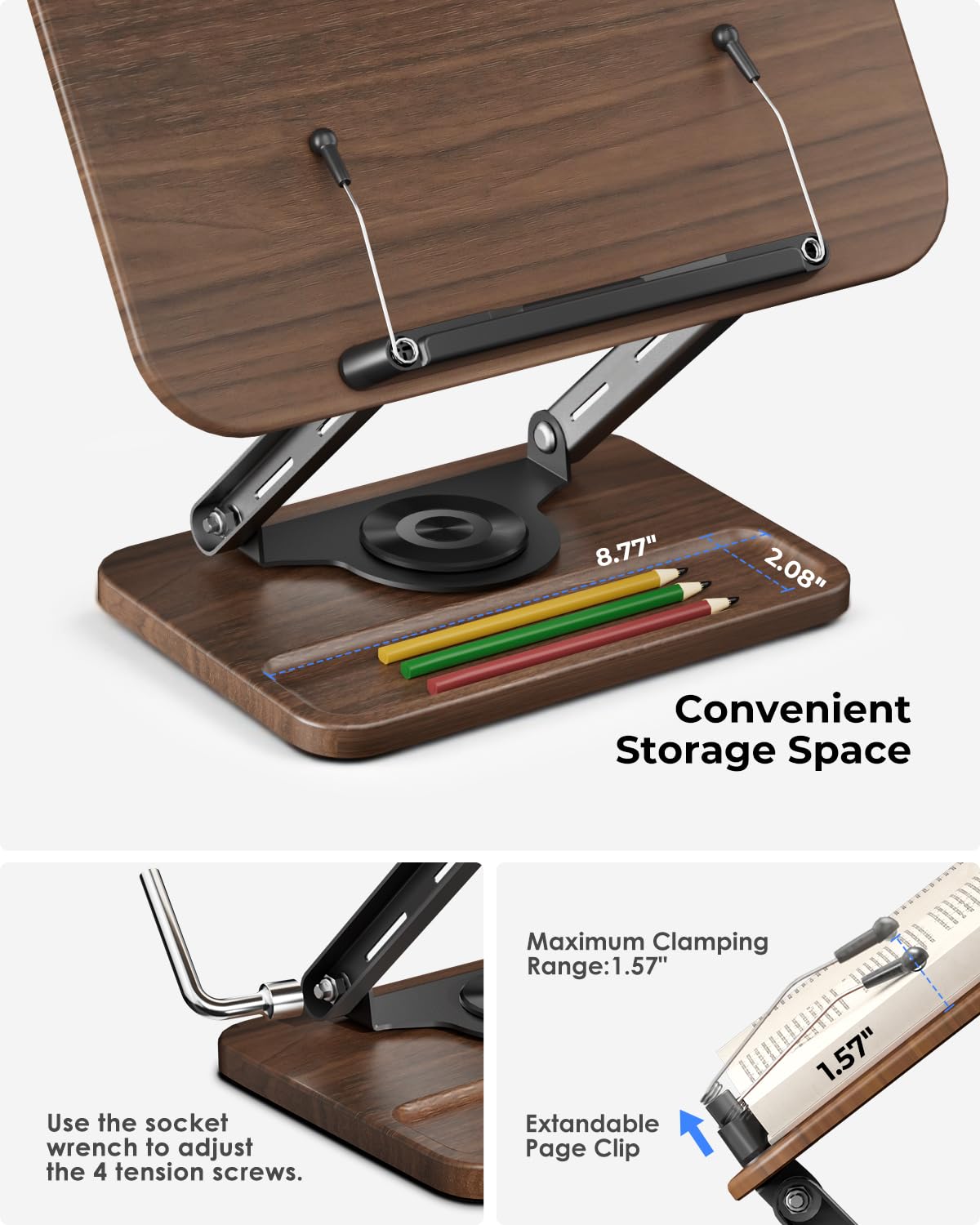 Viozon Support de livre pour la lecture, support de livre avec base rotative à 360° avec fente pour stylo, support de lecture pliable avec clips de page élastiques pour livre de cuisine, recettes