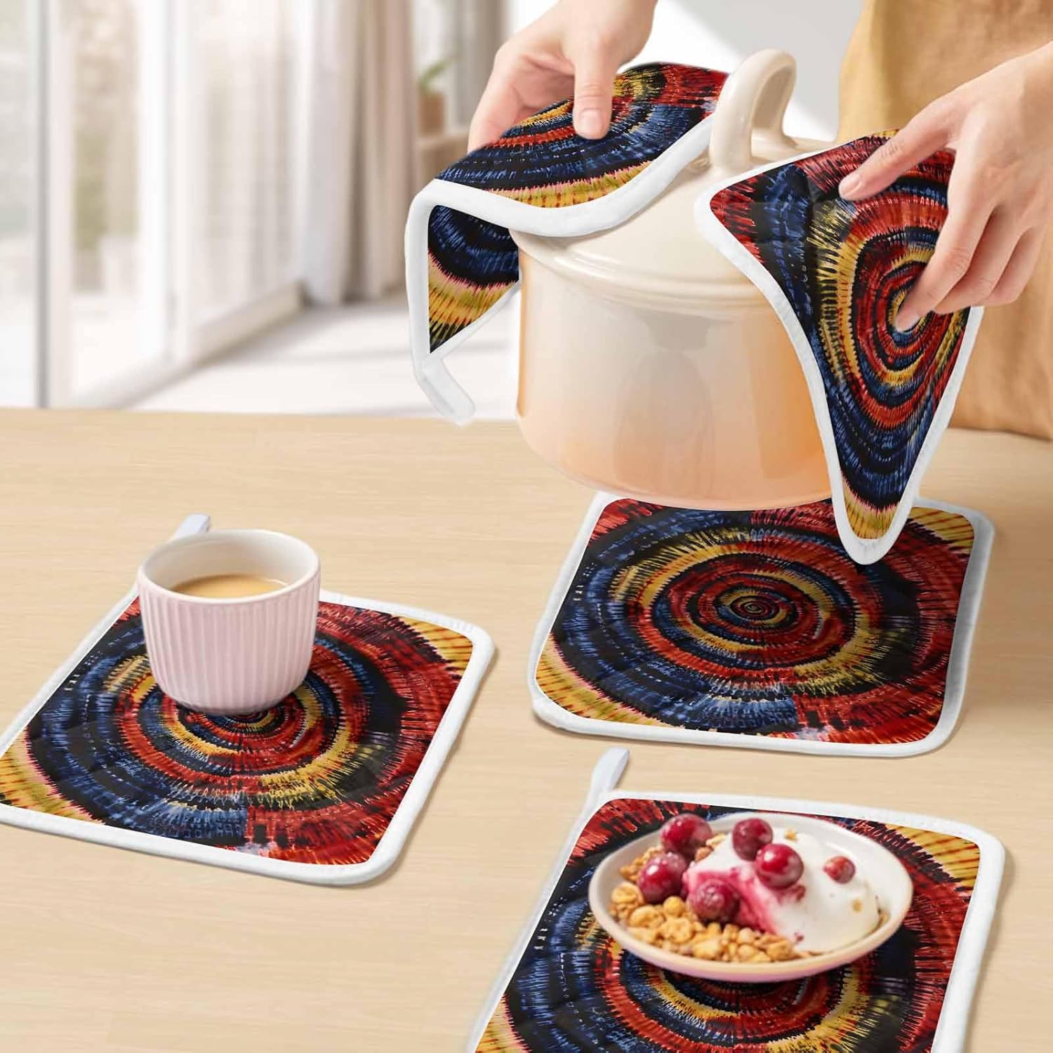 5 Pack Pot Holders for Kitchen, Red Yellow Blue Hot Pads for Kitchen Countertops Oven Pot Holder Bulk, Ethnic Geometric Art Modern Abstract Heat Insulation Potholders with Hanging Loops