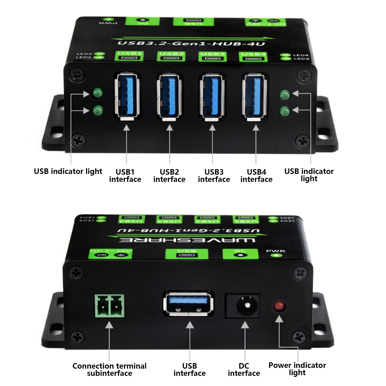Hub USB 3.2 Gen1 a 4 porte ad alta velocità con 7 interfacce di alimentazione 36V per la ricarica stabile del dispositivo