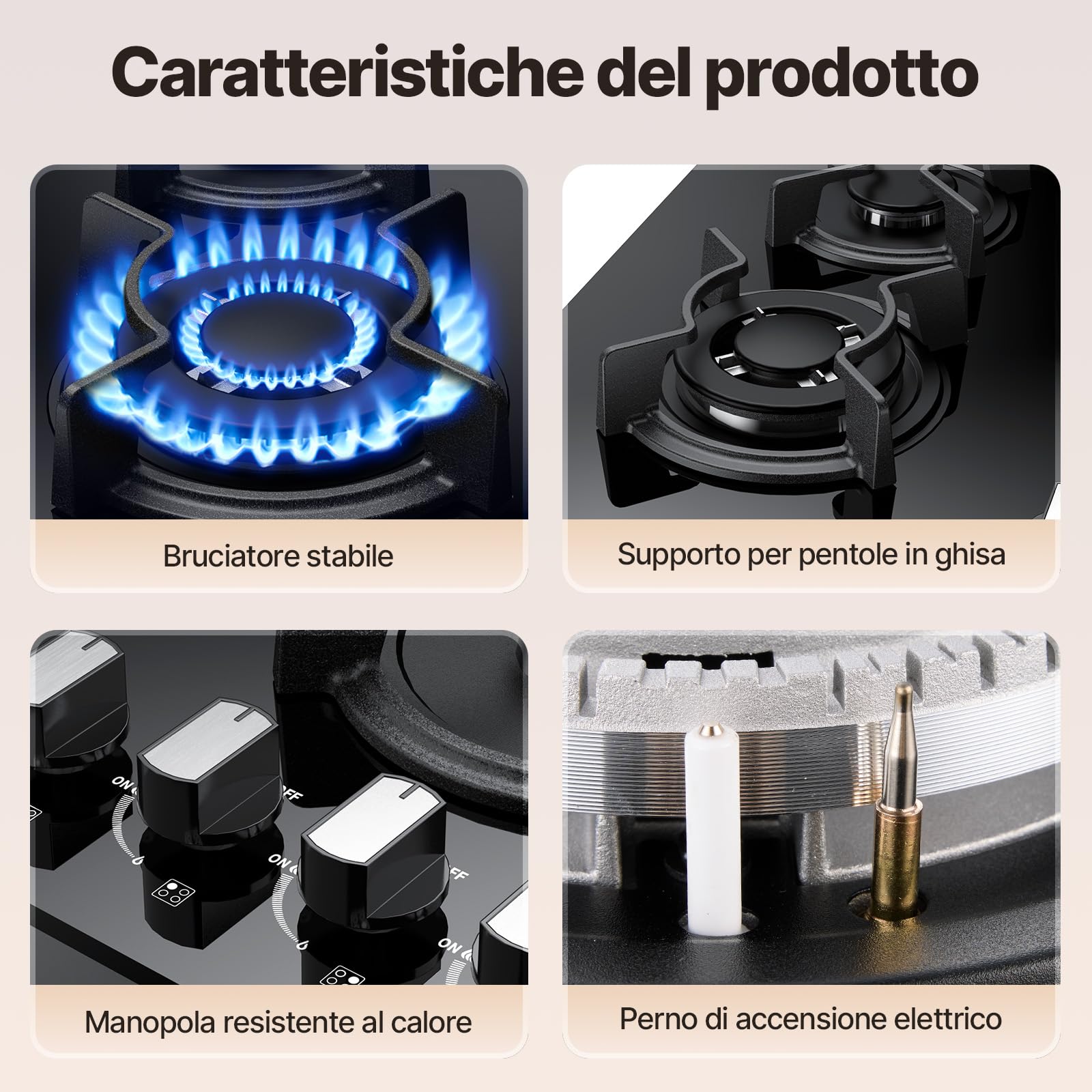 WEHIMO Piano Cottura a Gas 4 Fuochi da Incasso, 60cm, 7800W, Protezione Flame-Out, Gas Naturale/Propano/Butano, Vetro Nero