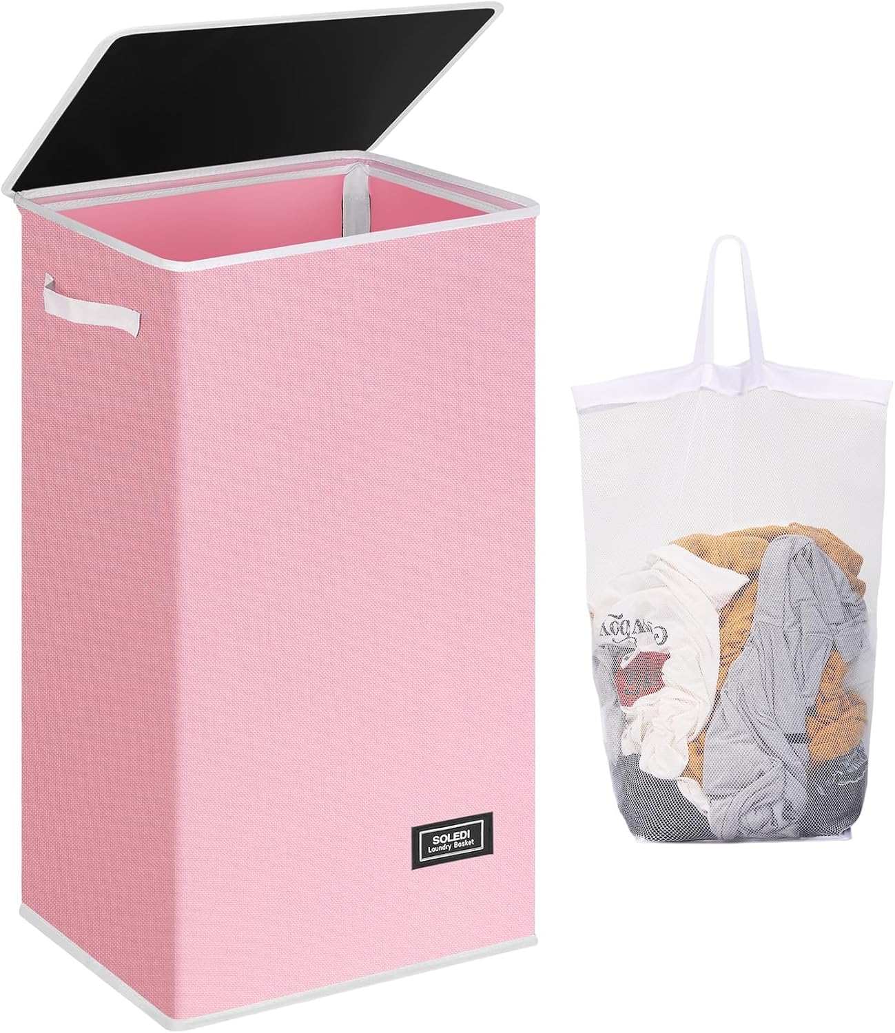 SOLEDI Laundry Basket with Lid Large Laundry Hamper, Washing Baskets for Laundry with Inner Bag and Handles - Foldable Laundry Baskets for Bedrooms - Dirty Clothes Laundry Bin (Pink-100L)