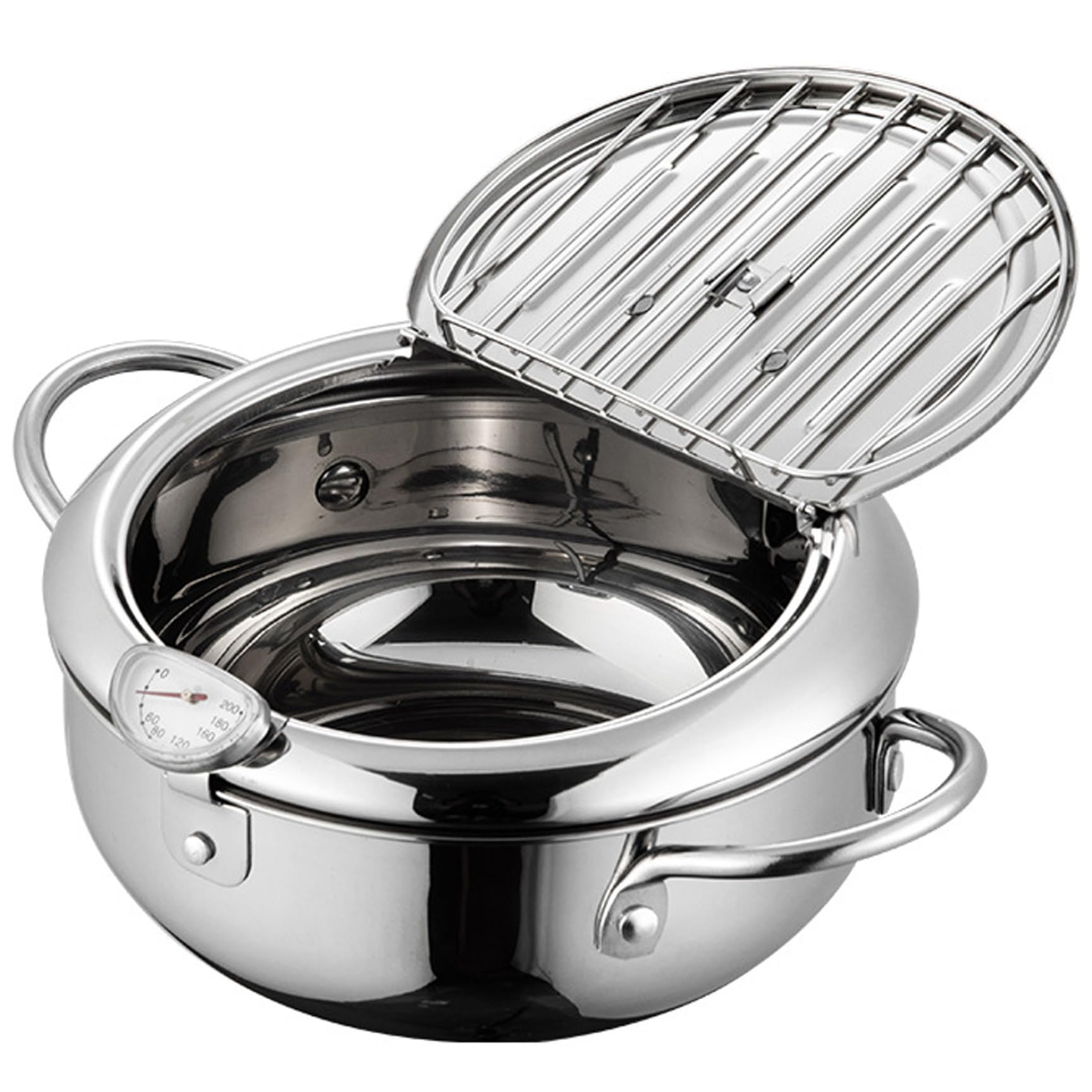Olla freidora Olla para freír tempura japonesa de acero inoxidable de 3, 2 L con escurridor de temperatura y goteo de aceite Rejilla para freír pequeña de 9, 4 pulgadas con asas para cocina Pescad