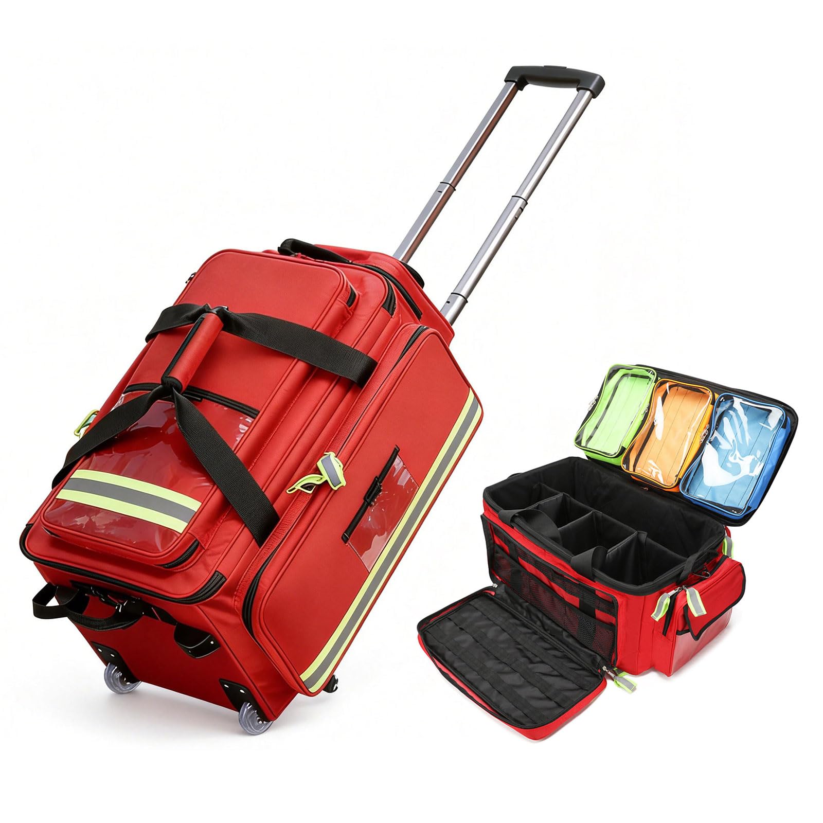 Borsa medica rotabile resistente, organizzatore a ruote per paramedici e infermieri, grande cassa di Oxford 1800D con strisce riflettenti, stoccaggio mobile per kit di emergenza e strumenti di primo s