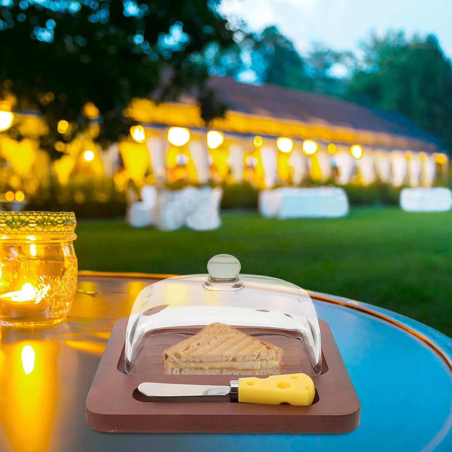 Uonlytech Wood Butter Dish with Glass Dome and Metal Cutter Square Clear Butter Holder for Kitchen Countertop with Lid Elegant Nordic Style for Restaurant and Home Use