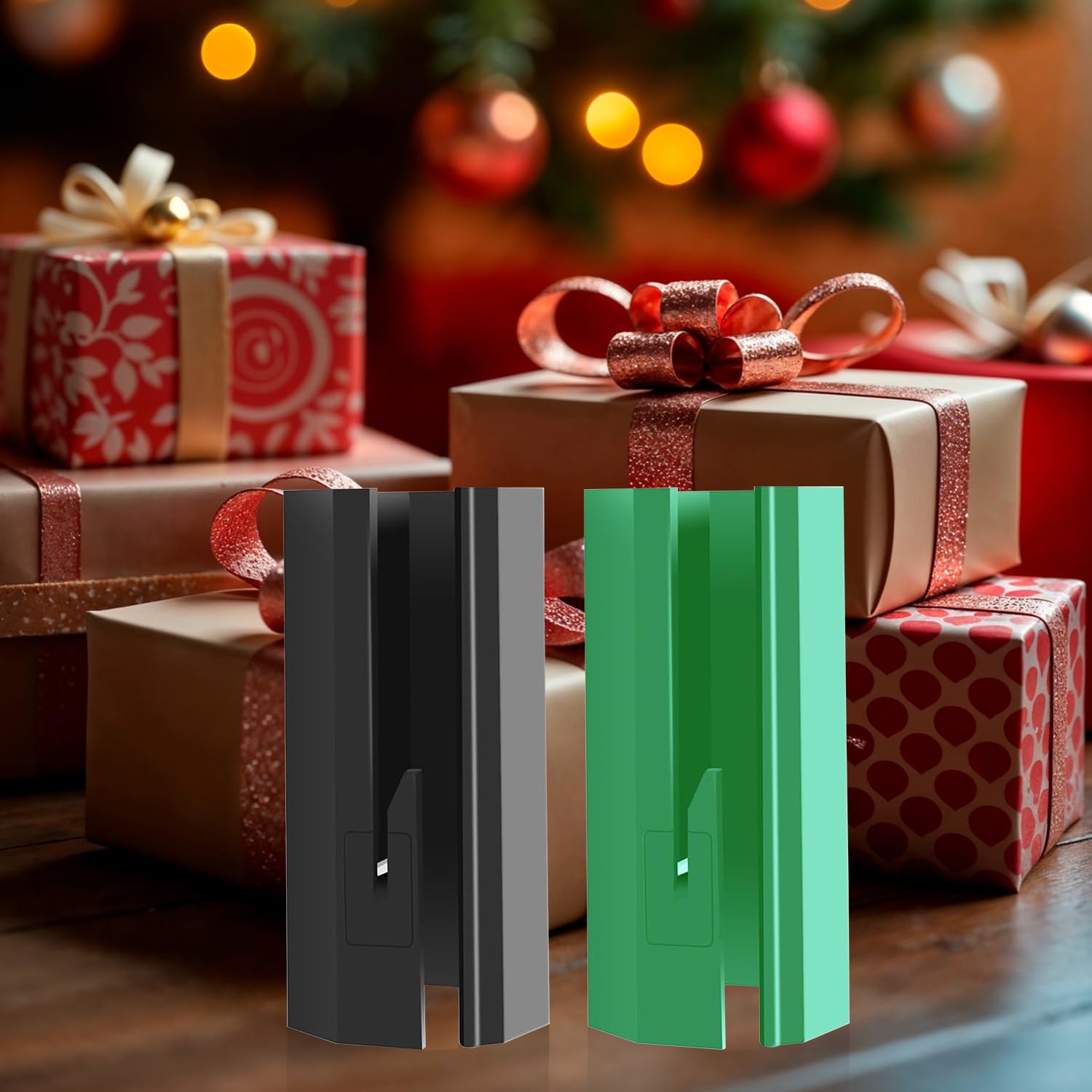 2 Rollen Geschenkpapier Schneider mit 4 Klingen, Gift Wrapping Paper Cutter für Weihnachten Geburtstag Halloween Feiertage Bastel-Geschenkpapier, Schieben Tragbare Papierschneider (Schwarz + Grün)