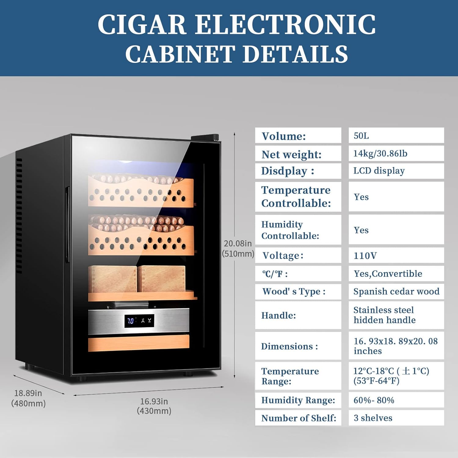 Diagram showing the dimensions and key specifications of the cigar humidor