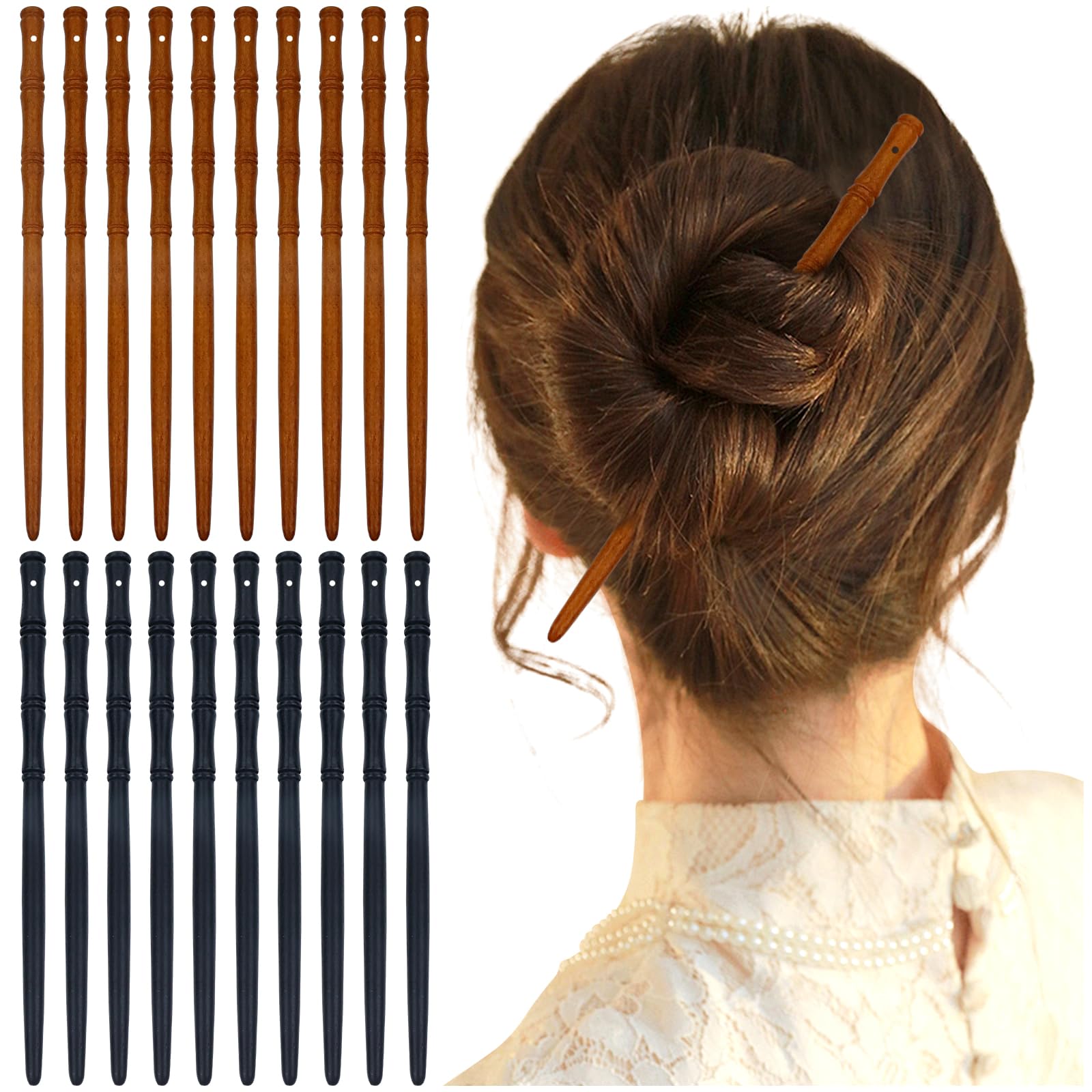 Lawie 20 PCS 7 Inch Brown Black Retro Wooden Hair Sticks with Hole Bamboo Hair Chopsticks Chinese Vintage Hair Pins Picks Wood Hair Forks for Crafts Thick Long Hair Bun Holder for Women Girls