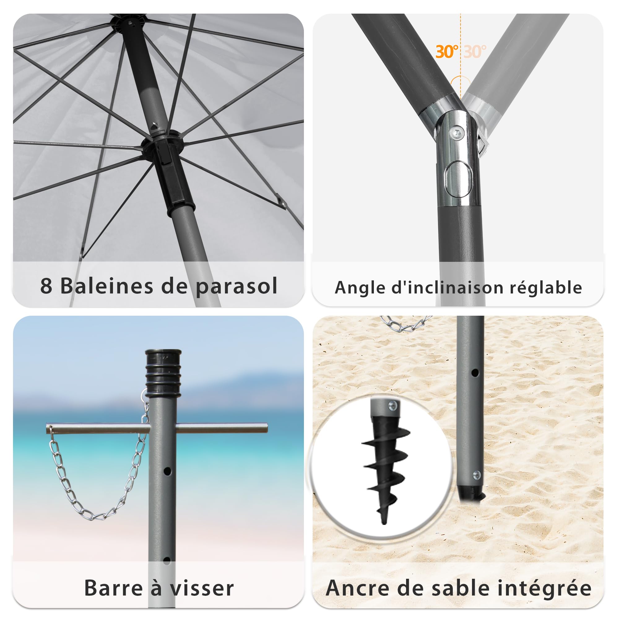 BelleMax Parasol de Plage Exterieur, avec ancre de sable 12 cm & Sac de Parasol, Inclinable sur 30°, Hauteur réglable, pour Balcon, Plage, Terrasse, Protection Solaire UV50 +
