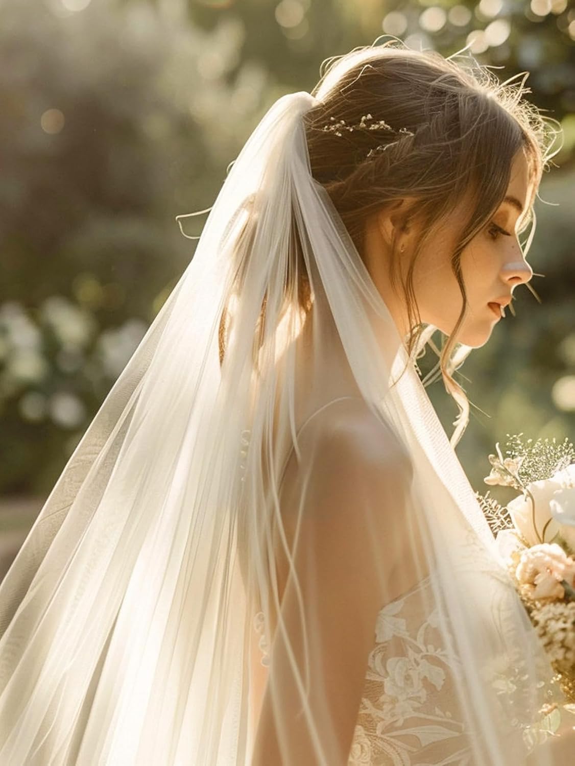 Long Cathedral Simple Drop Tulle Bridal Wedding Veil with Comb - Image 4