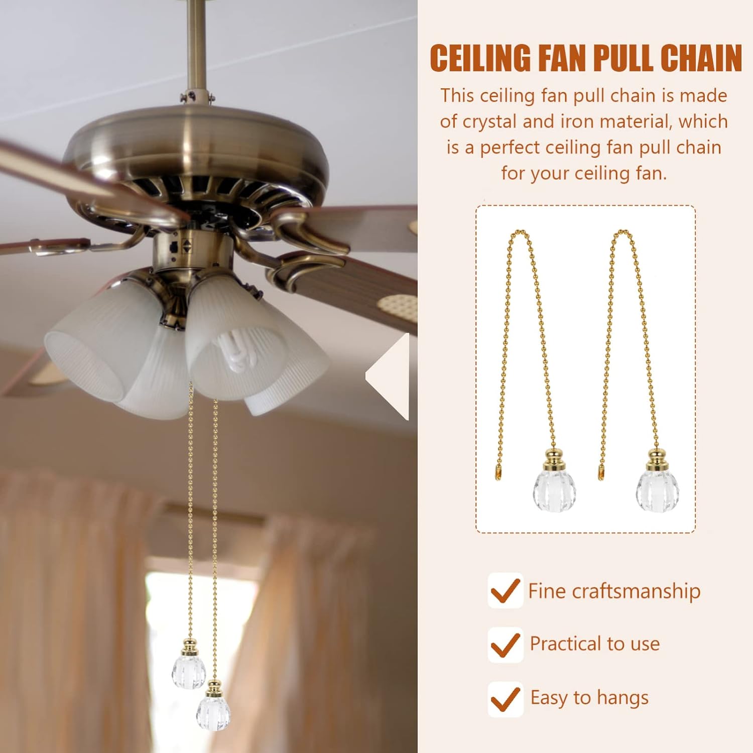 Uonlytech 2pcs Crystal Beaded Fan Pull Chain Extension with Connector Decorative Ceiling Fan Pull Chain for Stylish Home Crystal Material for Replacing
