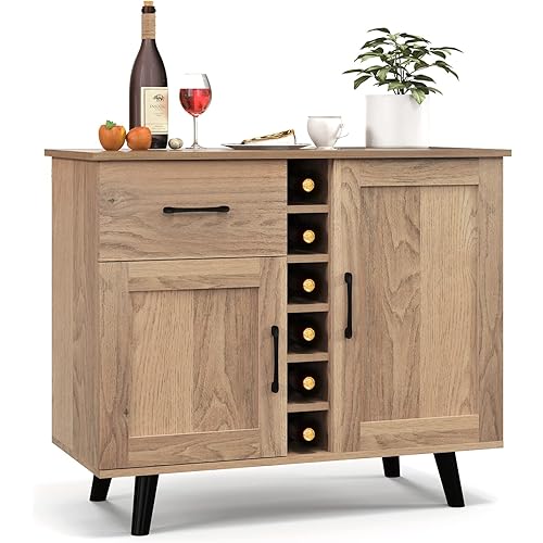 Giantex Bar Cabinet, Buffet Sideboard for 6 Wine Bottles, Wood Pantry Cupboard with Storage Drawer, 2 Door Cabinets, Anti-Toppling Devices, Credenza Organizer for Living Room Kitchen (Oak)