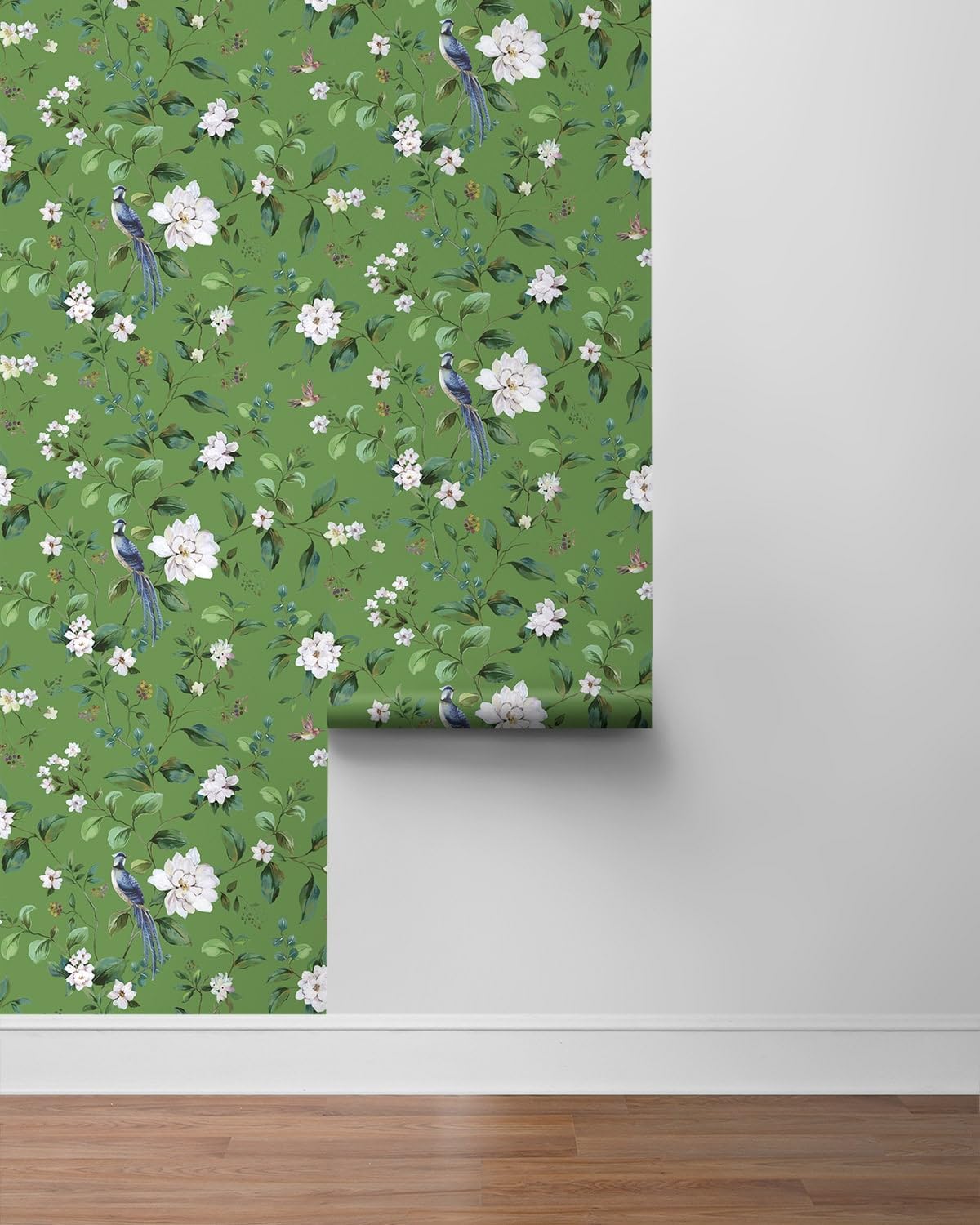 NextWall Daisy Bennett Designs Chinoiserie Bird Vine Premium Matte Non-Woven Peel and Stick Wallpaper (Green)