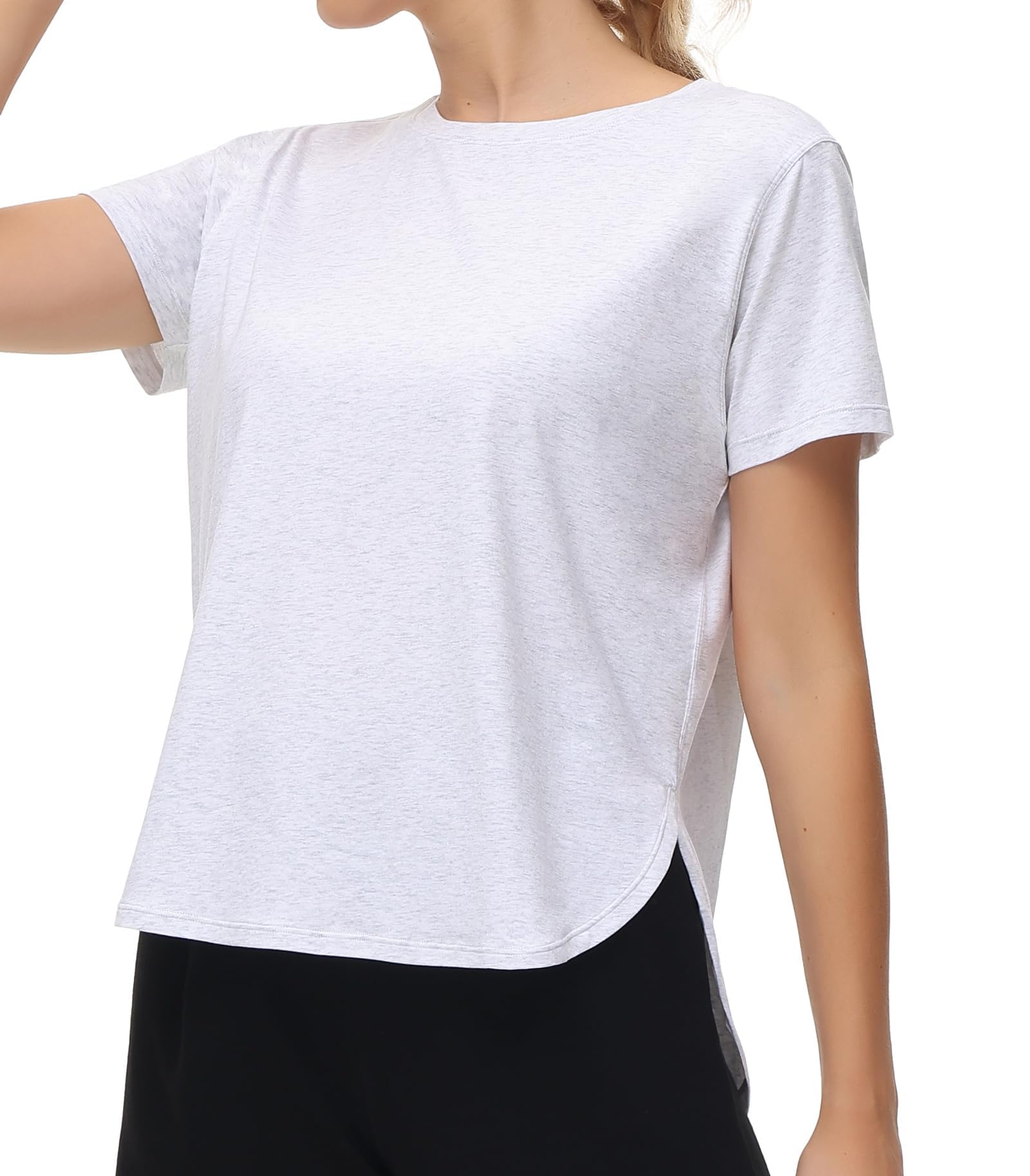 THE GYM PEOPLE Women's Workout T-Shirts Loose Fit Short Sleeve Cotton Running Basic Tee Tops with Split Hem