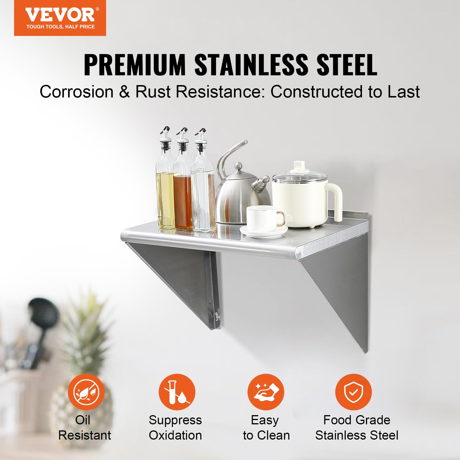 VEVOR Mensola da Parete in Acciaio Inox 610 x 305 x 63 mm Scaffale Murale per Cucina Bagno Soggiorno Capacità Carico Max. 136kg, Mensola da Parete Portaoggetti Portaspezie in Acciaio Inox per Cucina