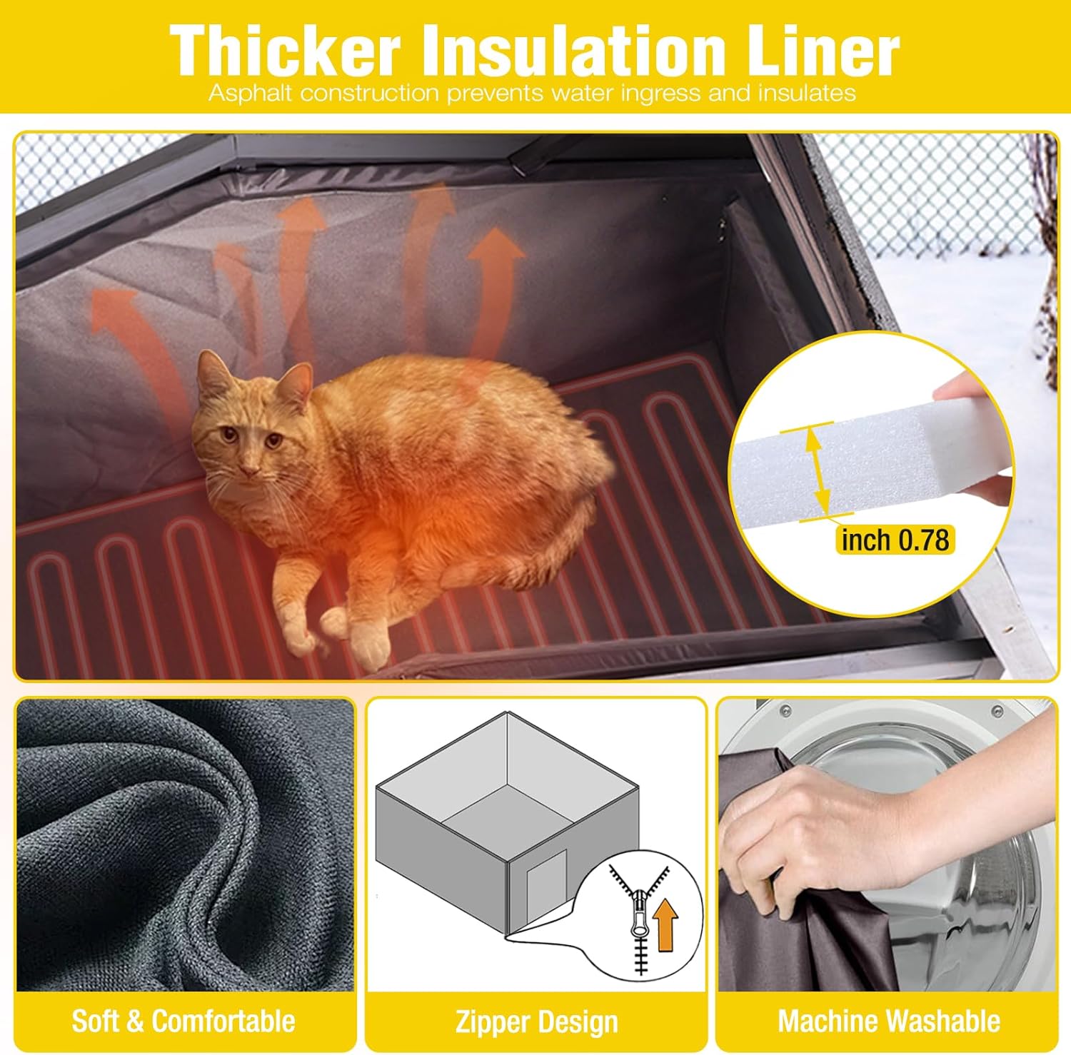 Close-up of the insulated liner and heating pad inside the Aivituvin cat house, with a cat resting on it.
