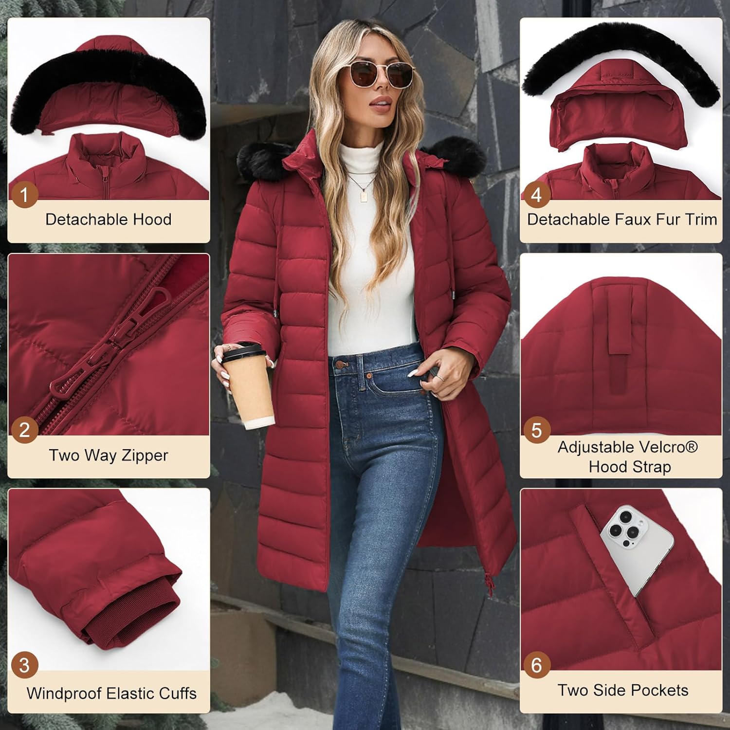 Women's Winter Puffer Coat - Thicken Fleece Lined Down Jacket Waterproof Warm Hooded Parka with Faux Fur Detachable - Image 2