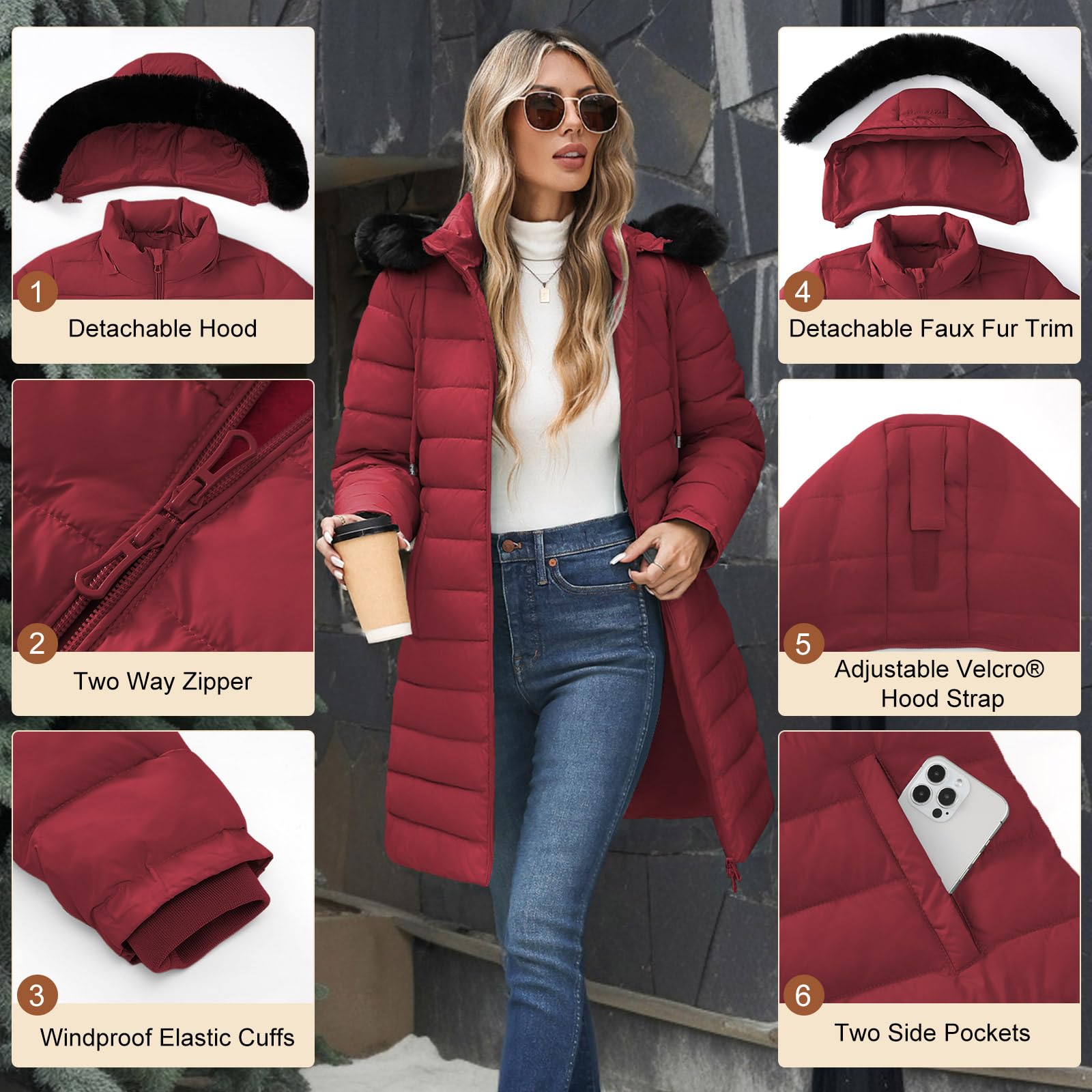 Yusongirl Piumino invernale da donna foderato in pile ispessito caldo giacche con cappuccio staccabile impermeabile parka cappotti