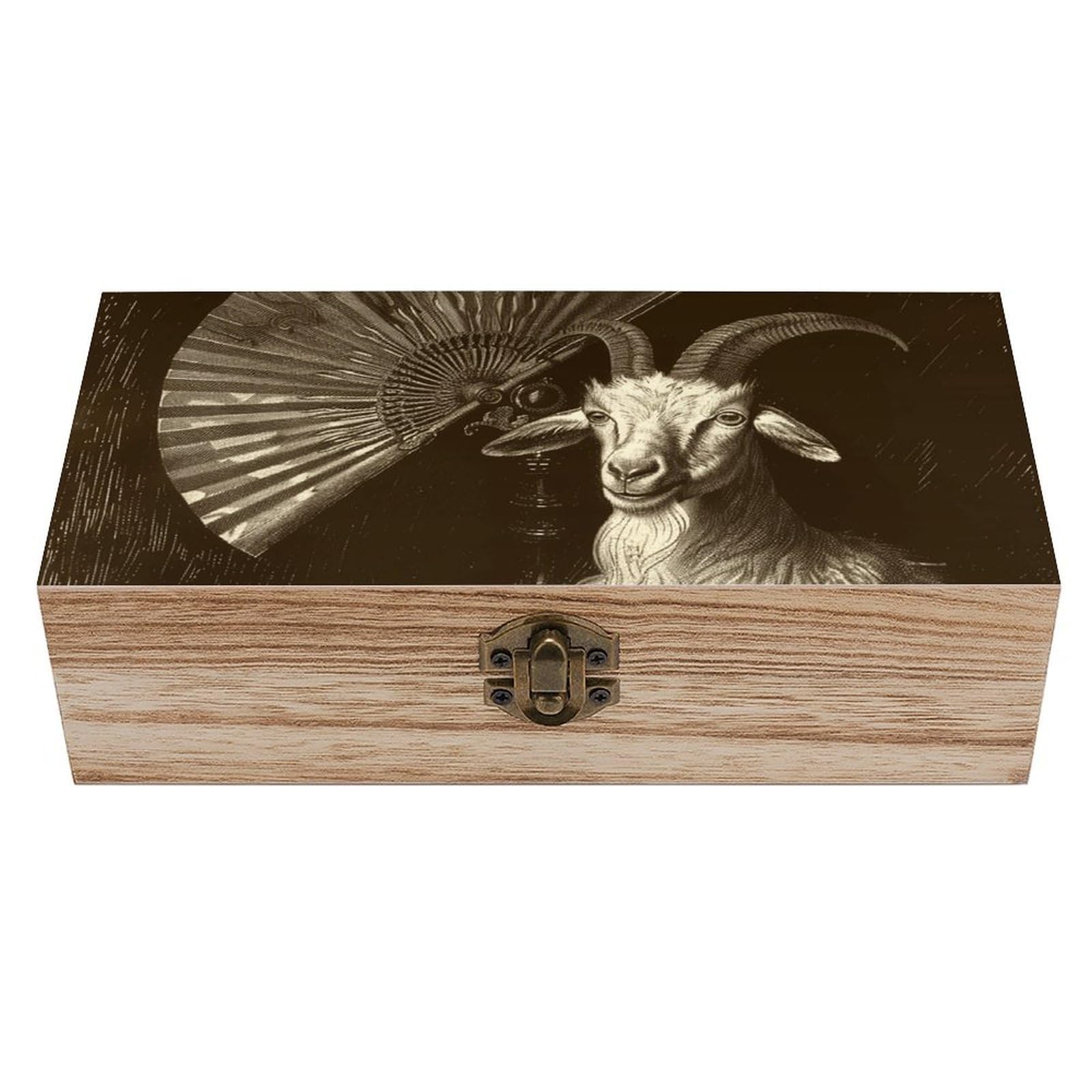 KLOPH Wooden Storage Box Goat And Fan Wood Gift Box with Hinged Lid Vintage Decorative Jewelry Boxes Memory Box for Jewelry Art Hobbies Home Storage Treasure Keepsake Gift 7.9''x3.9''x2.3''