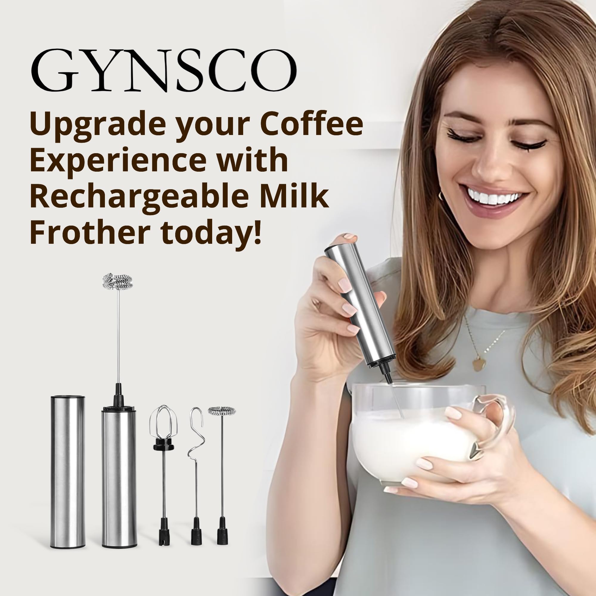 Espumador de leche recargable de mano con 4 batidores, mezclador eléctrico de espuma, agitador de mano para café, huevos, comida para bebés (espumador de leche recargable con 4 batidores)