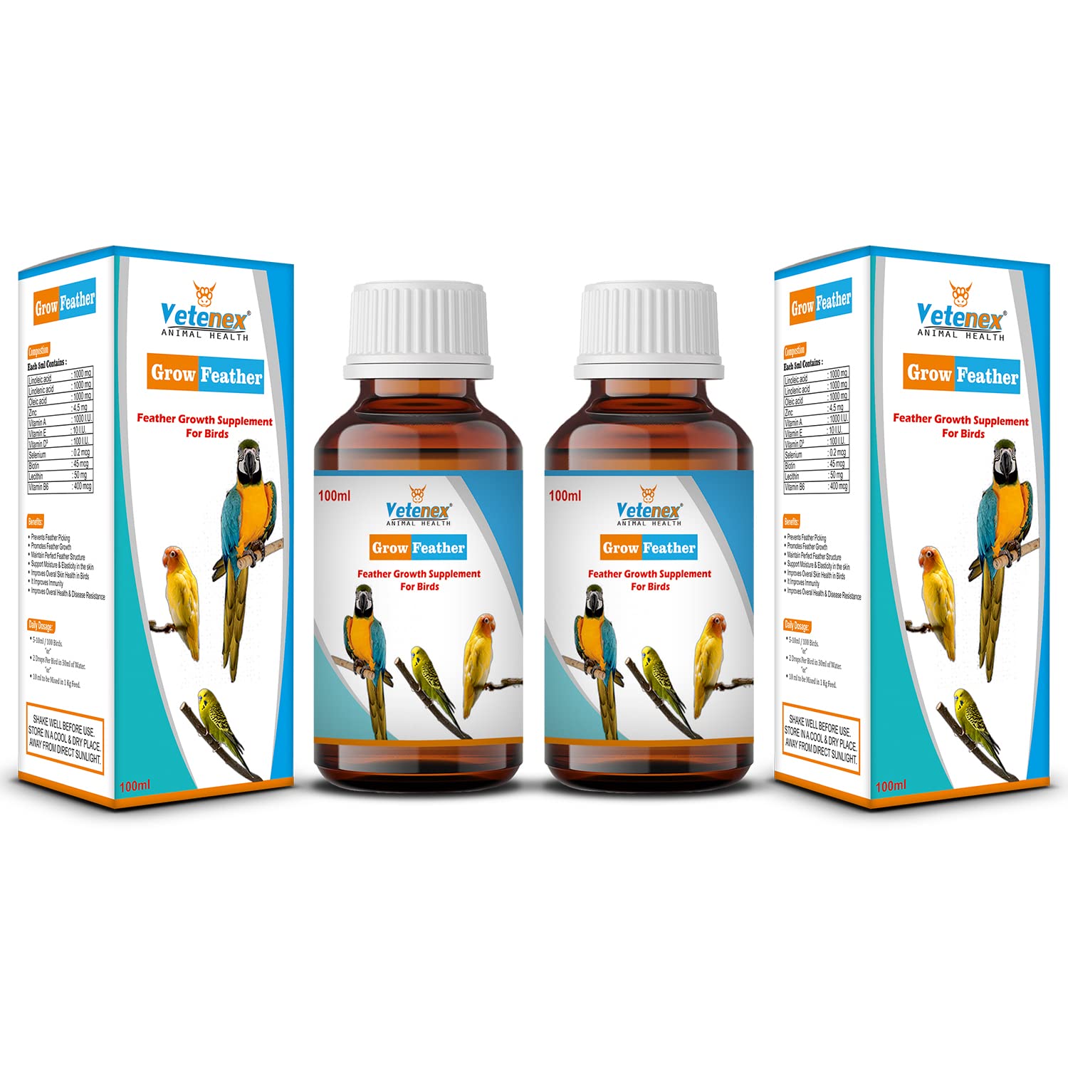 VETENEX Grow Feather - Feather Growth Supplement for Birds (100 ml x 2) Combo - Pack of 2 (B0C5468DDG) Amazon Price History, Amazon Price Tracker