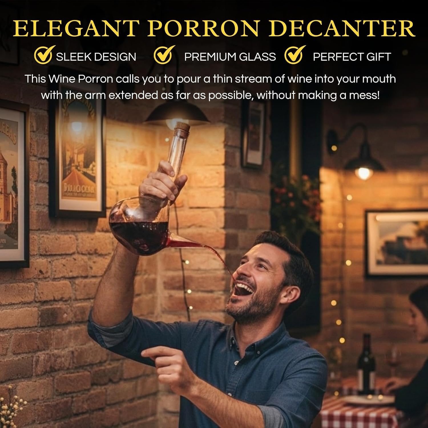 Spanish Porron Porron Glass Decanter 34 oz Wine Pitcher 100% Lead-free Glass Decanter for Red Wine, Hand Blown Wine Decanter, Wine Carafe - Wine Gift, Wine Accessories (1000mL) - Strong Glass, Porròn