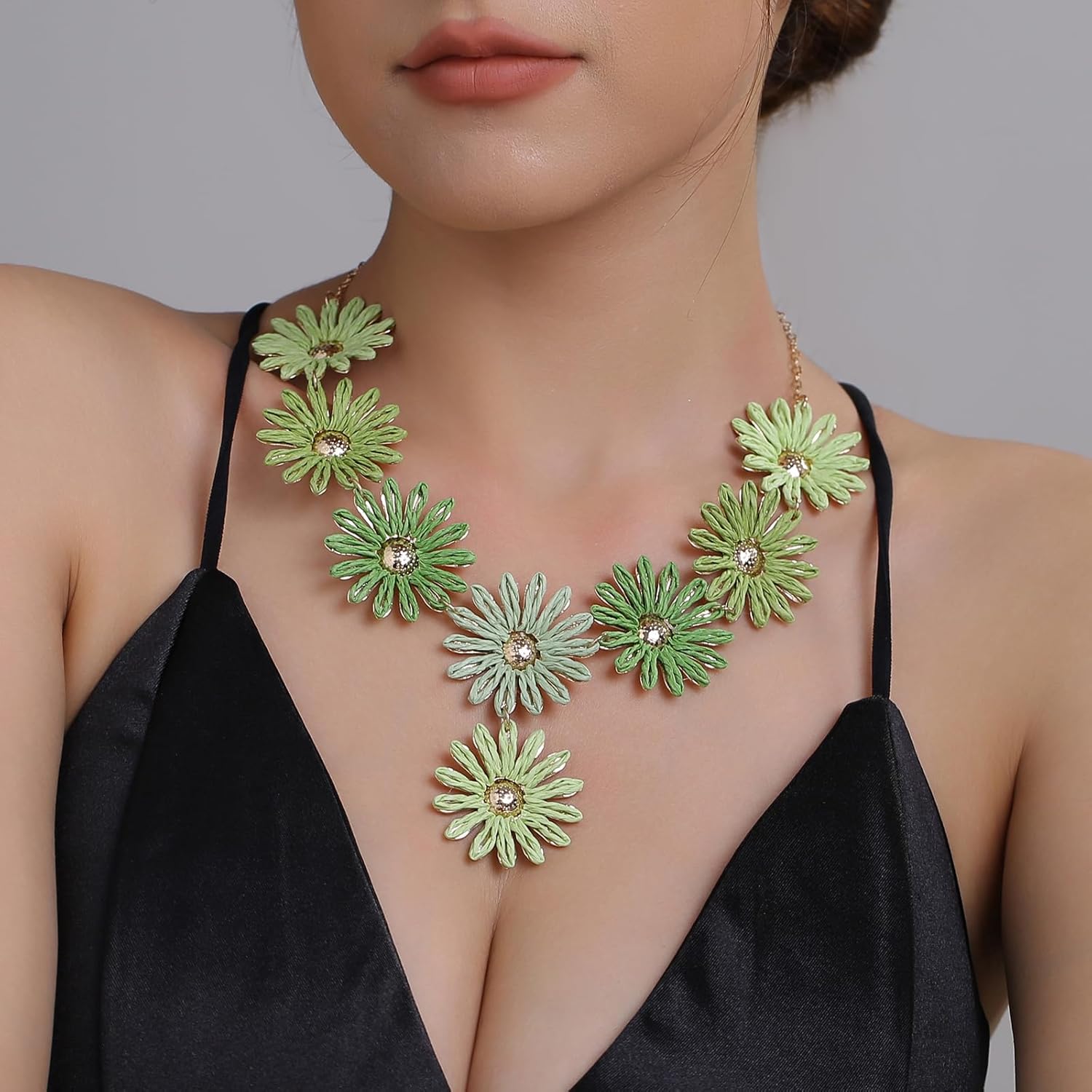 Handmade Raffia Flower Necklace for Women, Y-Shape Colorful Boho Tropical Pendant Statement Necklace - Image 2