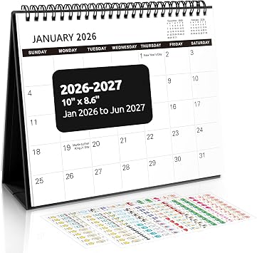 SKYDUE Desk Calendar 2026-2027, 21 Months Small Desk Calendar 2026-2027, Apr 2026 to Dec 2027, 10" x 8" Desktop Calendar Planner with Stickers, Black