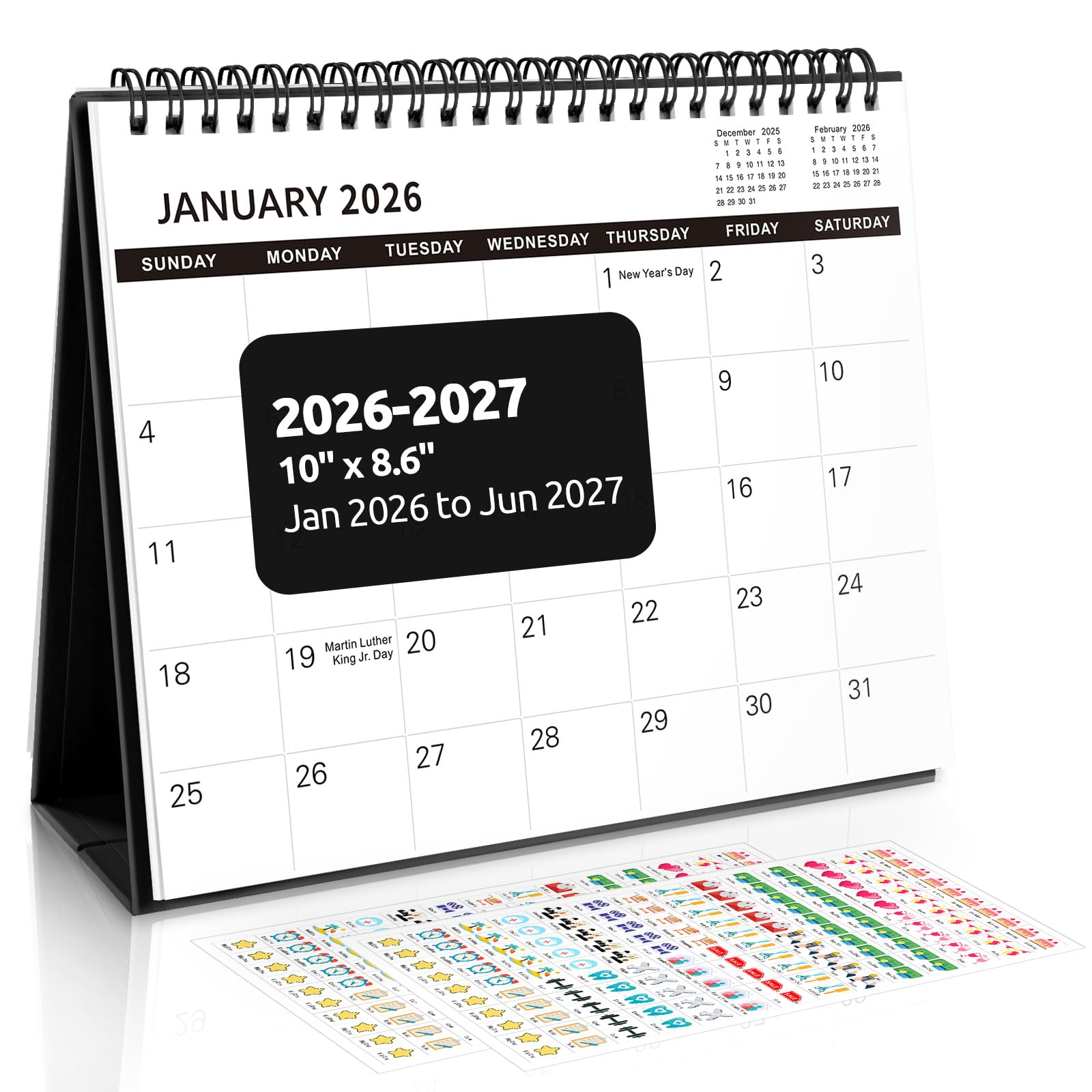 SKYDUE Desk Calendar 2026, 18 Months Small Desk Calendar 2026-2027, Jan 2026 to Jun 2027, 10" x 8" Desktop Calendar Planner with Stickers, Black