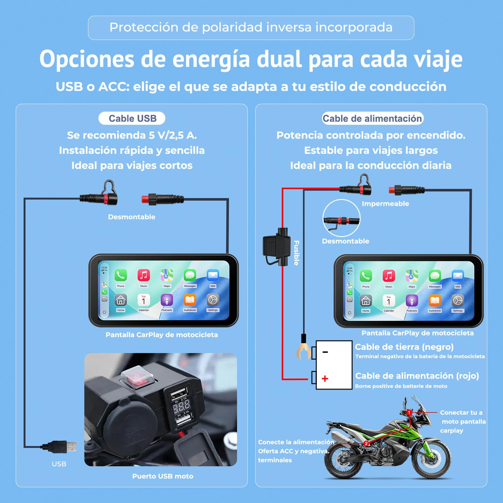 W622 Pantalla Moto CarPlay Inalámbrica 6,25" Touchscreen,Compatible con Apple CarPlay & Android Auto, Navegación, Control por Voz,IP67 Impermeable,TPMS,Dual Bluetooth, Alimentación USB/Acc
